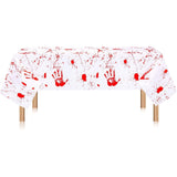 Blood-splatter print Halloween party tablecloth, on a table