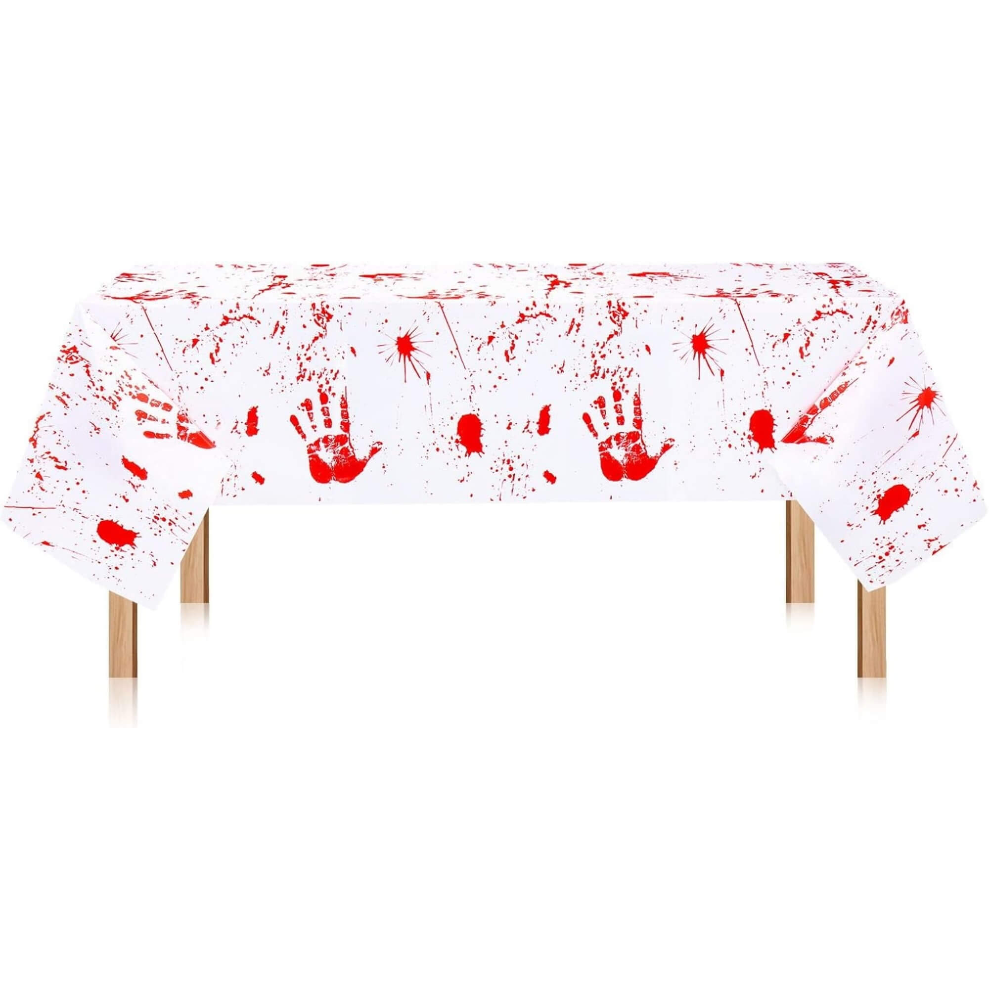 Blood-splatter print Halloween party tablecloth, on a table