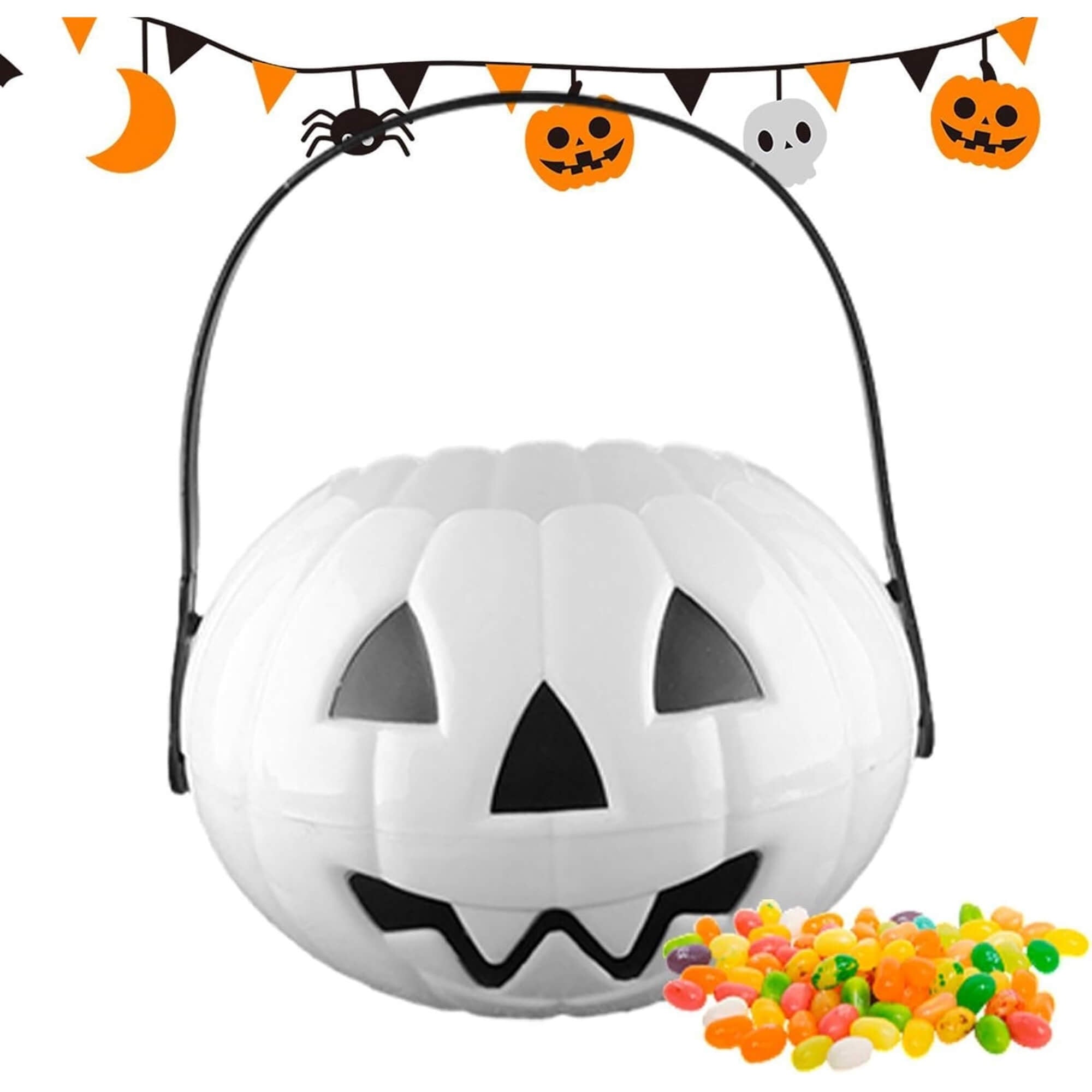 Halloween trick-or-treat candy bucket, styled scene