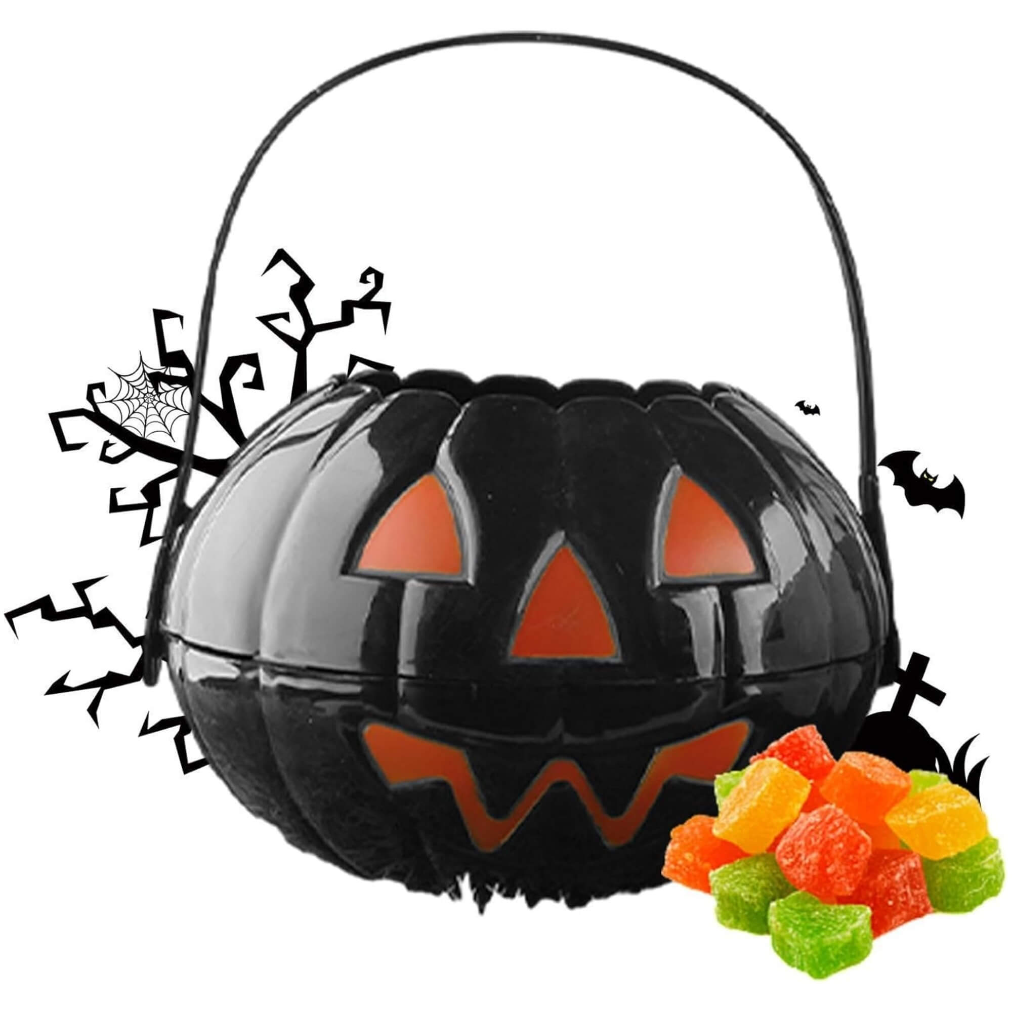 Halloween trick-or-treat candy bucket, filled with sweets