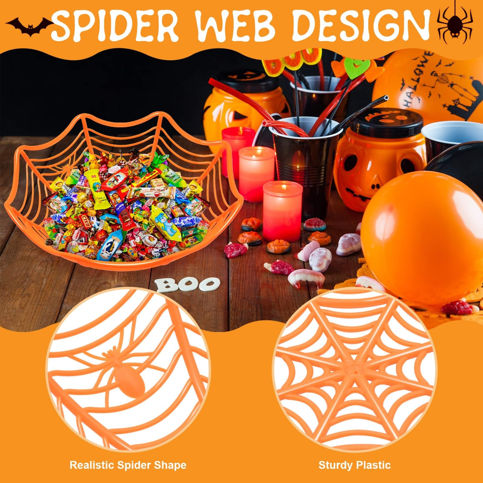 Spider web design Halloween candy bowls, pack of 4, orange colourway, design detail