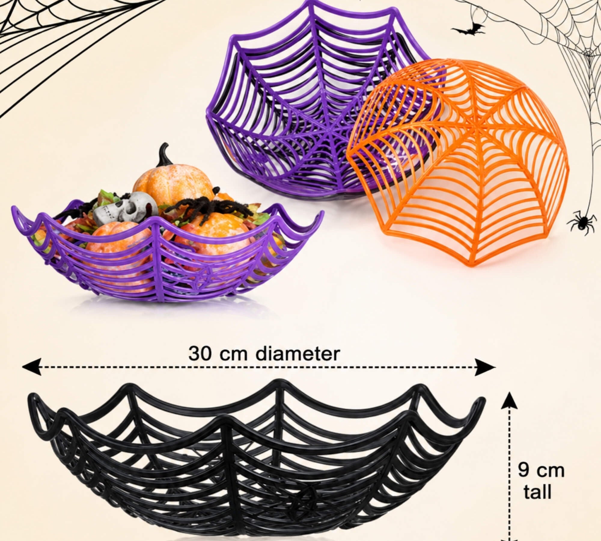 Spider web design Halloween candy bowls, pack of 4, size guide
