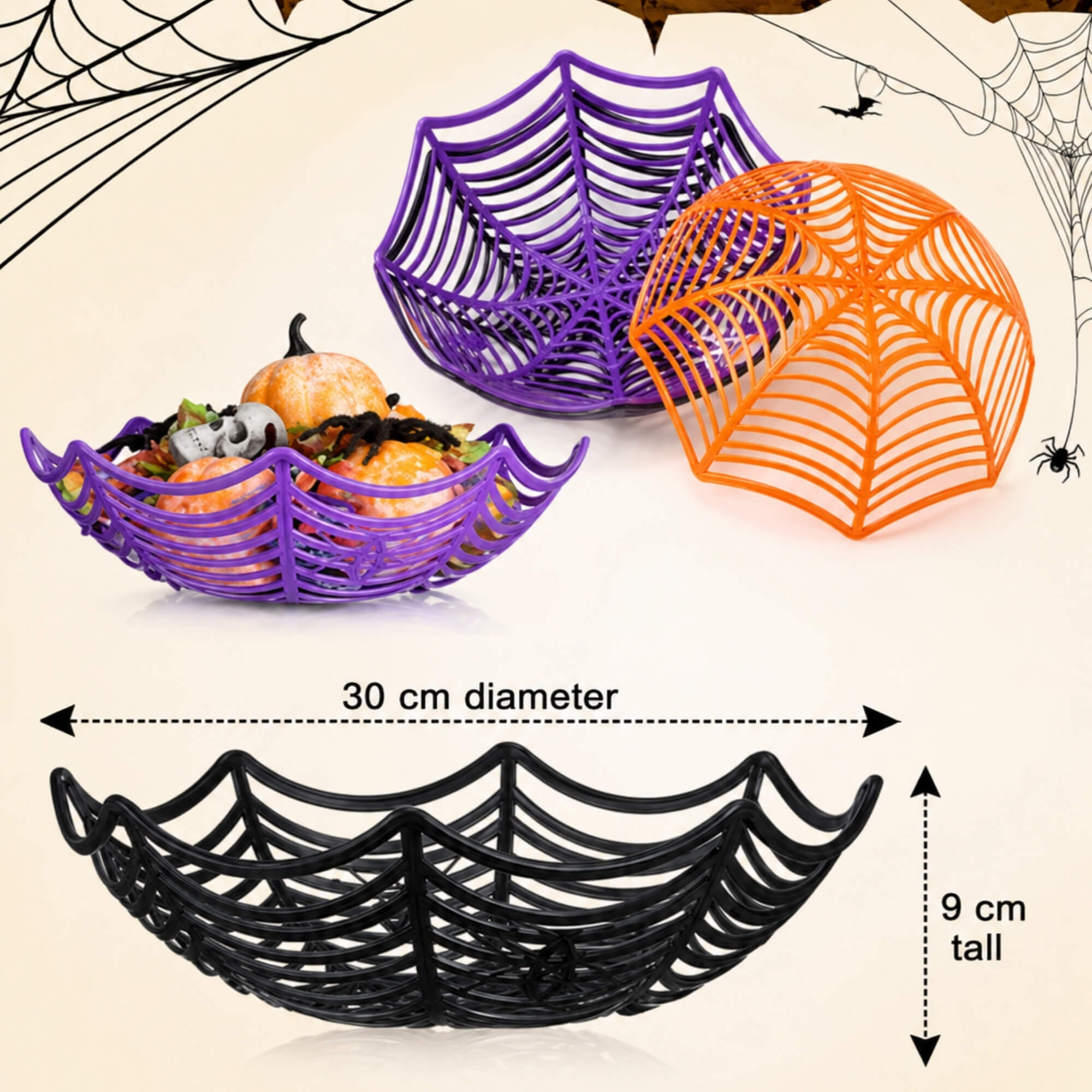 Spider web design Halloween candy bowls, pack of 4, size guide