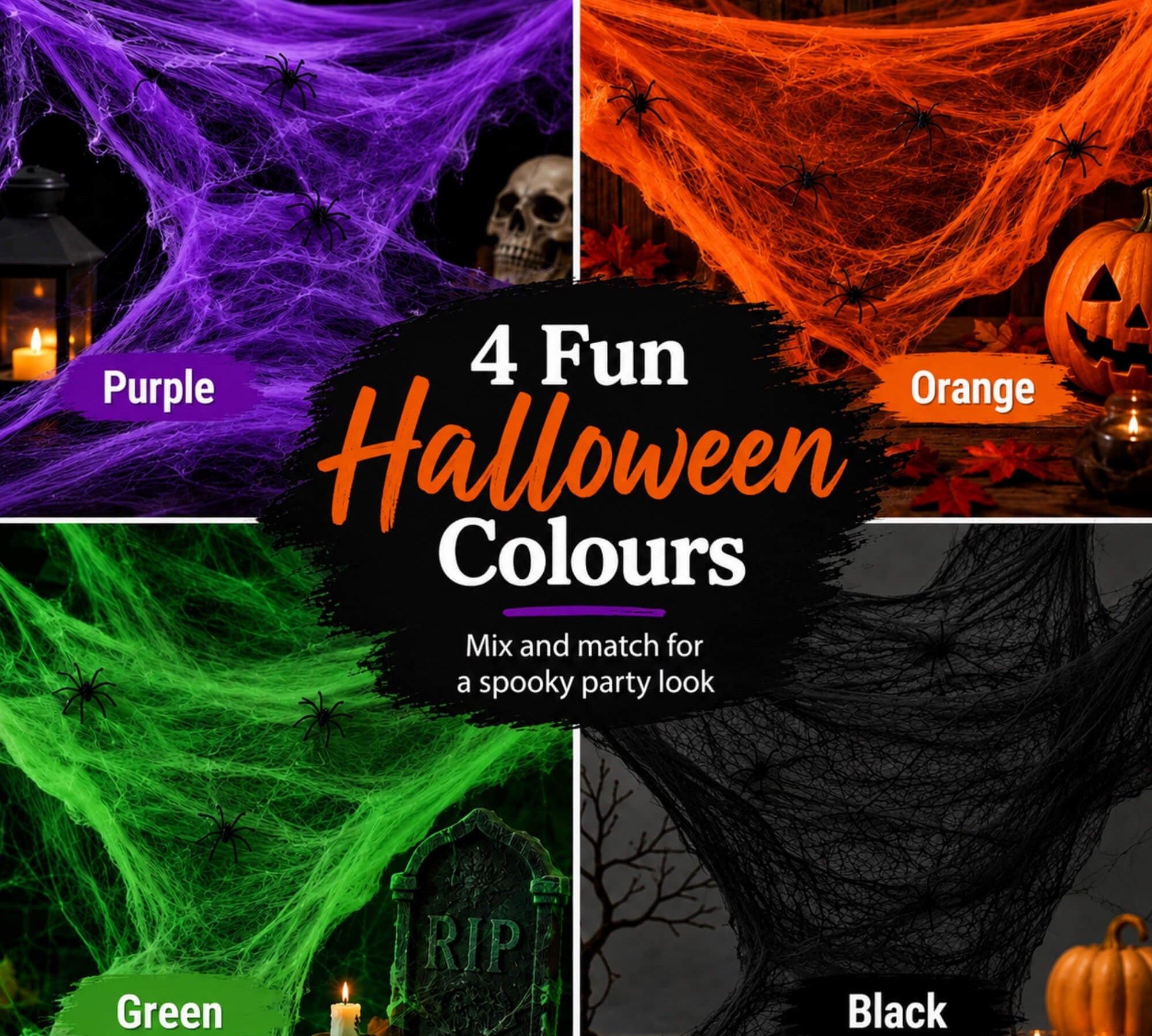 White stretchable Halloween spider web cobweb decoration, colour range