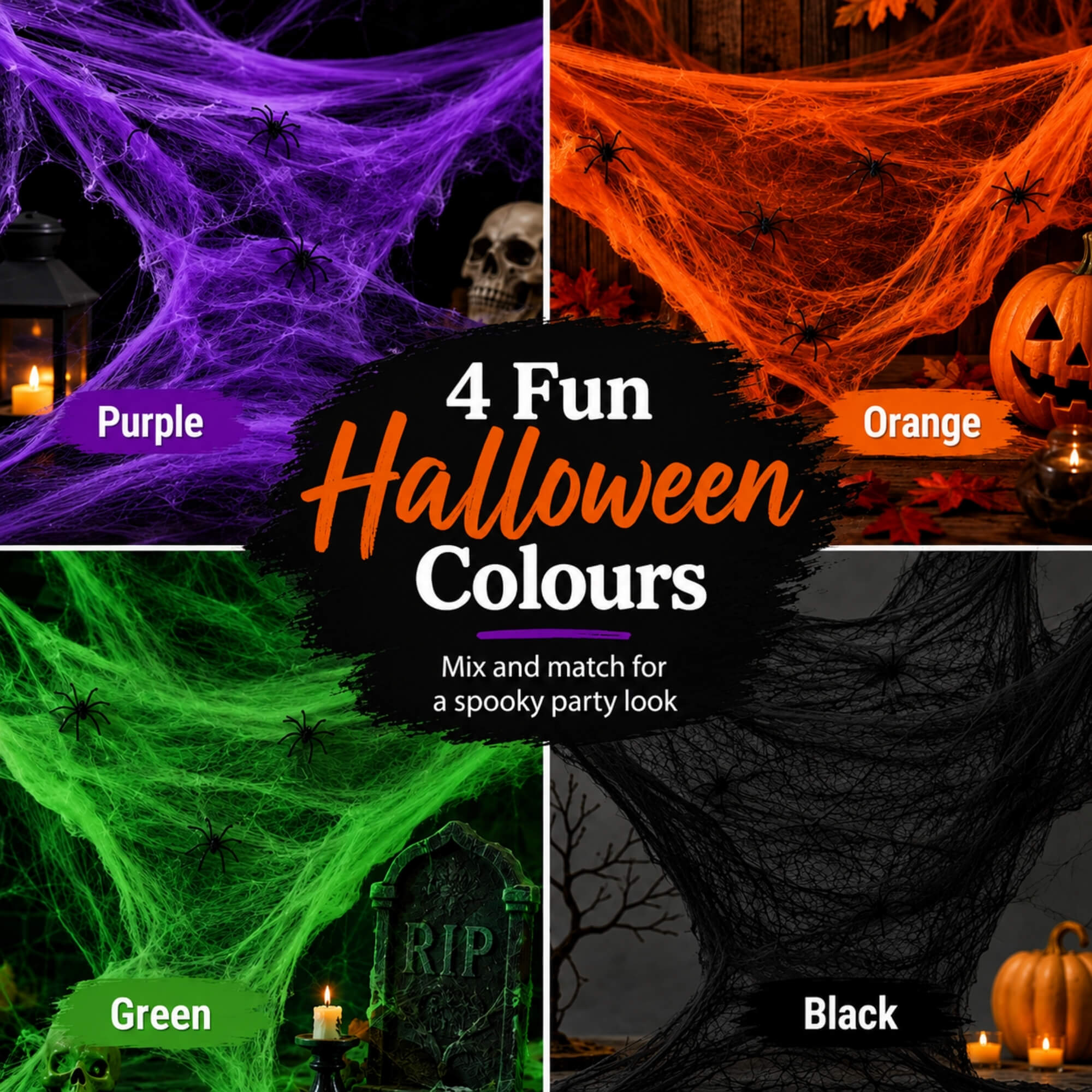 White stretchable Halloween spider web cobweb decoration, colour range