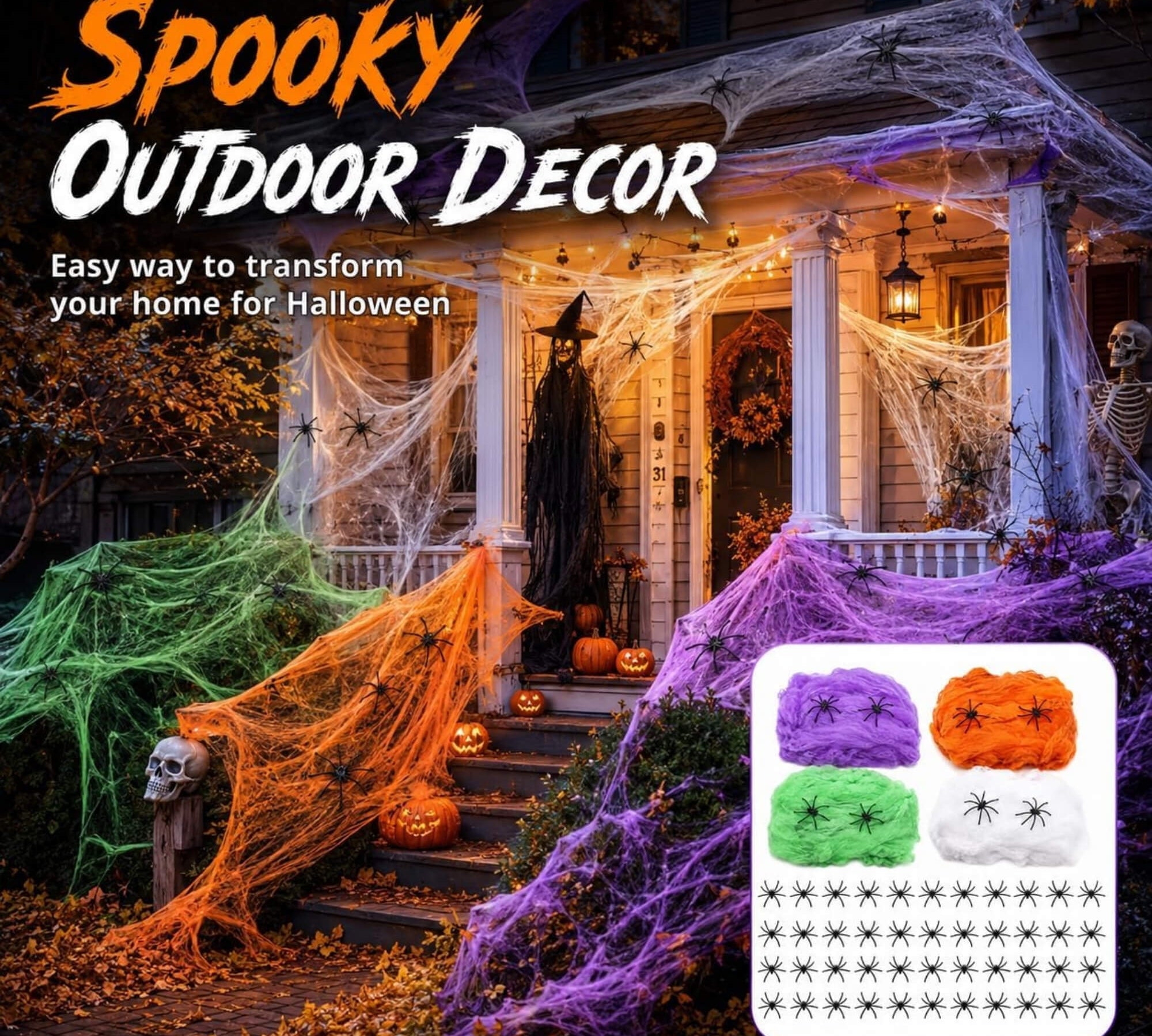 White stretchable Halloween spider web cobweb decoration, colour range