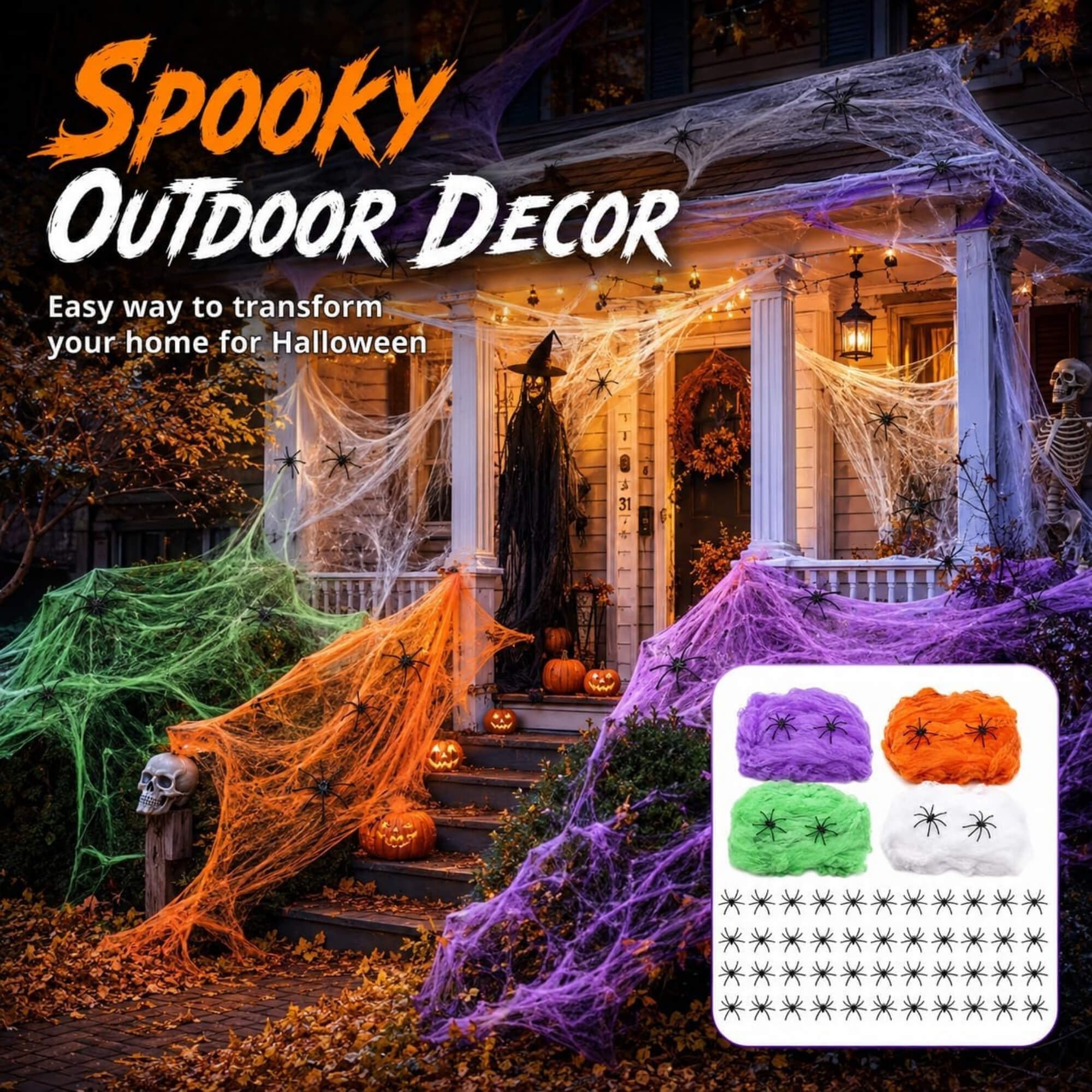 White stretchable Halloween spider web cobweb decoration, colour range