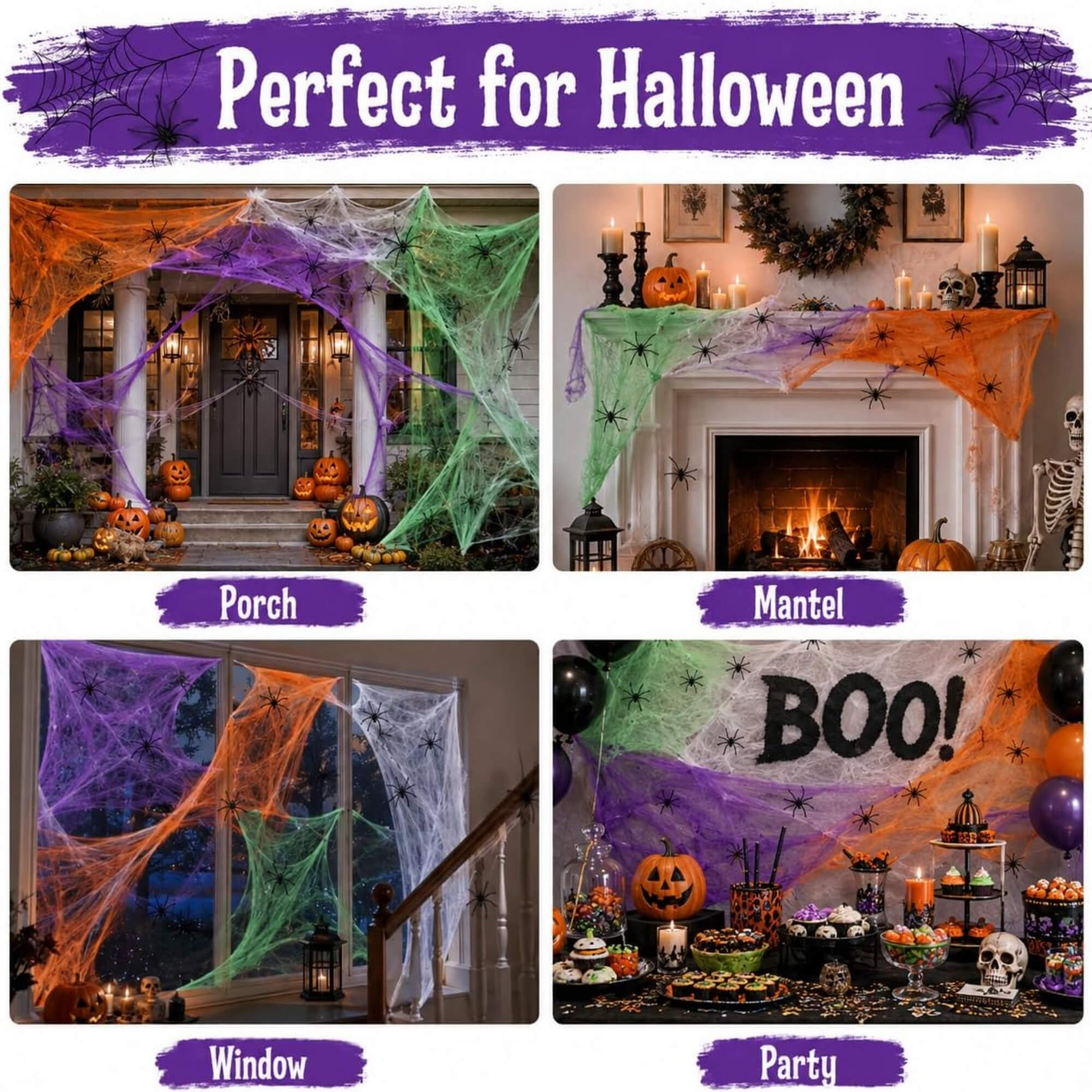 White stretchable Halloween spider web cobweb decoration, styling ideas, with cobweb prop