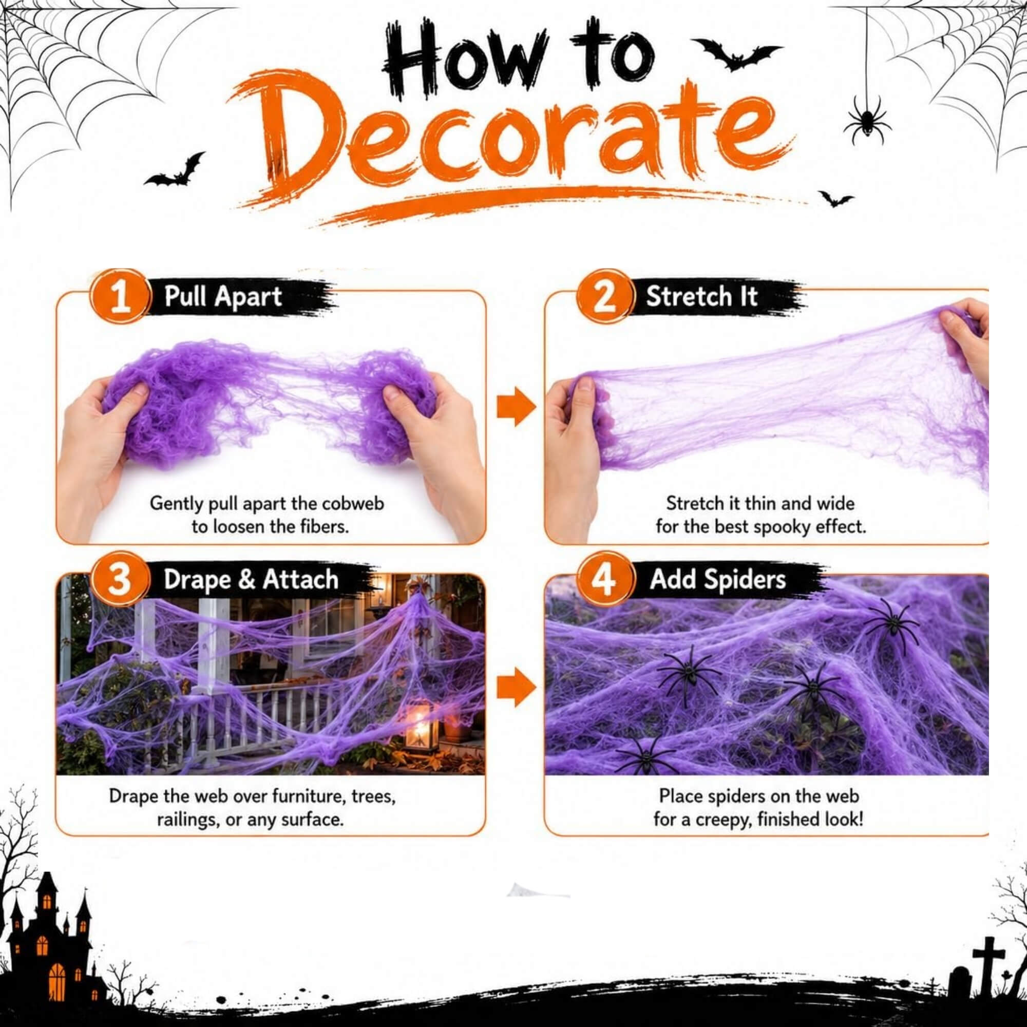 White stretchable Halloween spider web cobweb decoration, styling ideas