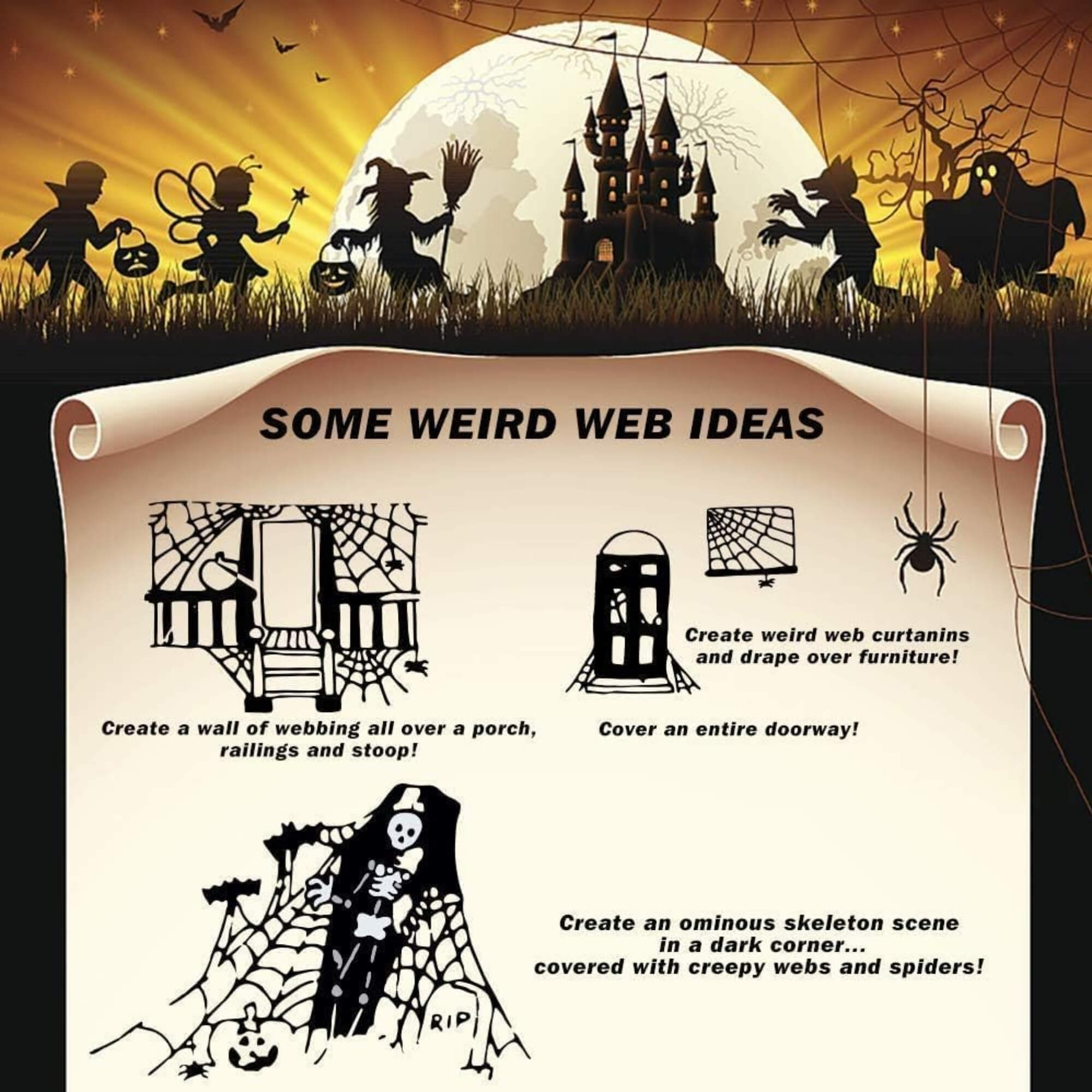 White stretchable Halloween spider web cobweb decoration, styling ideas
