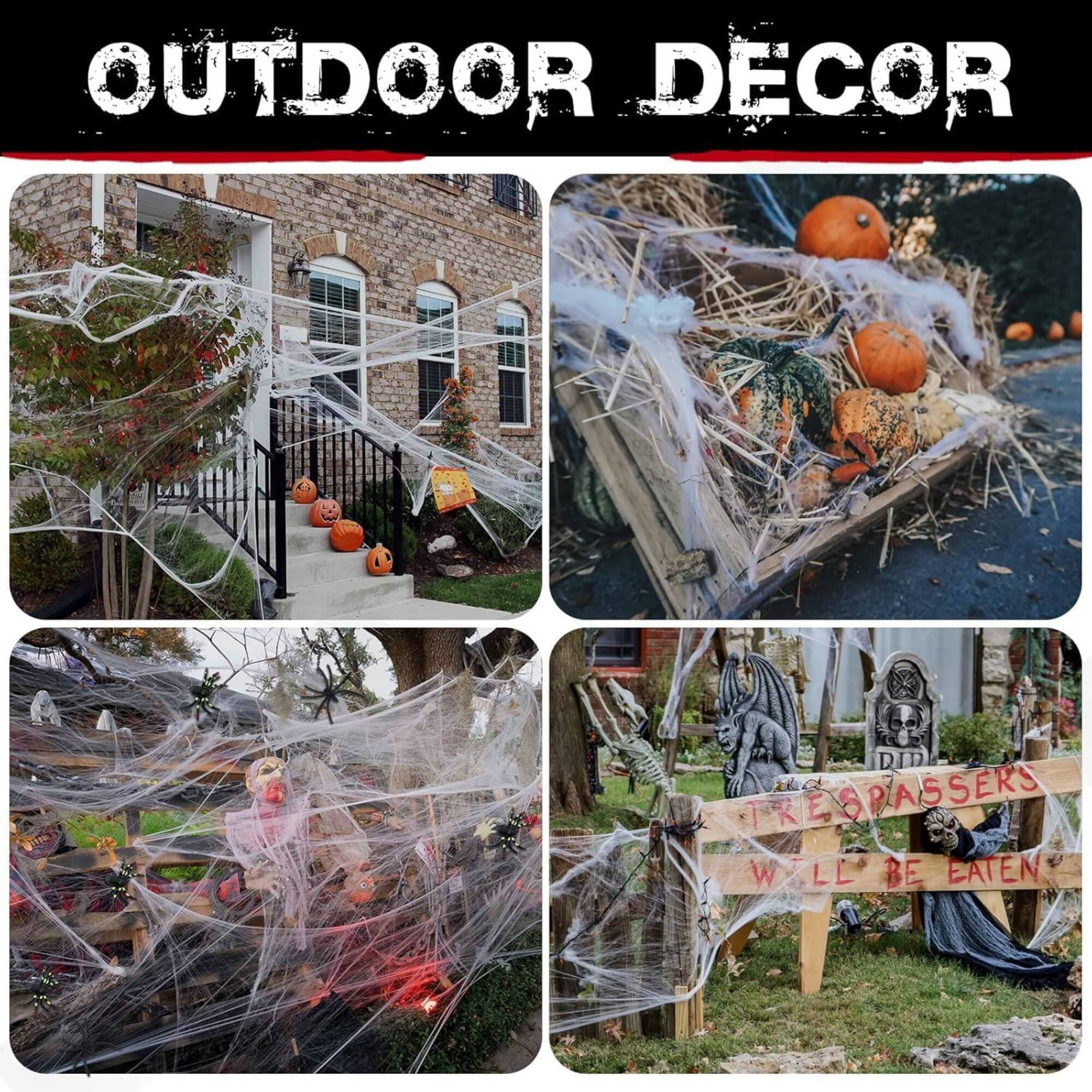White stretchable Halloween spider web cobweb decoration, outdoor display