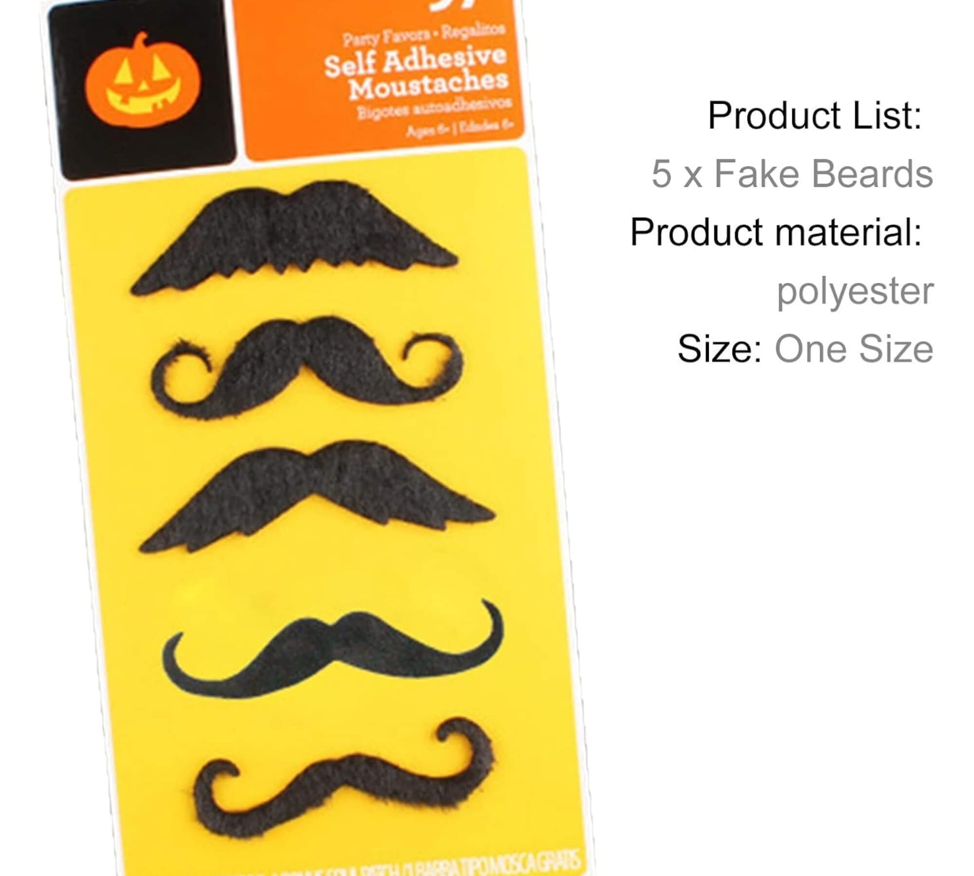 Novelty moustache Halloween costume accessory, packaging
