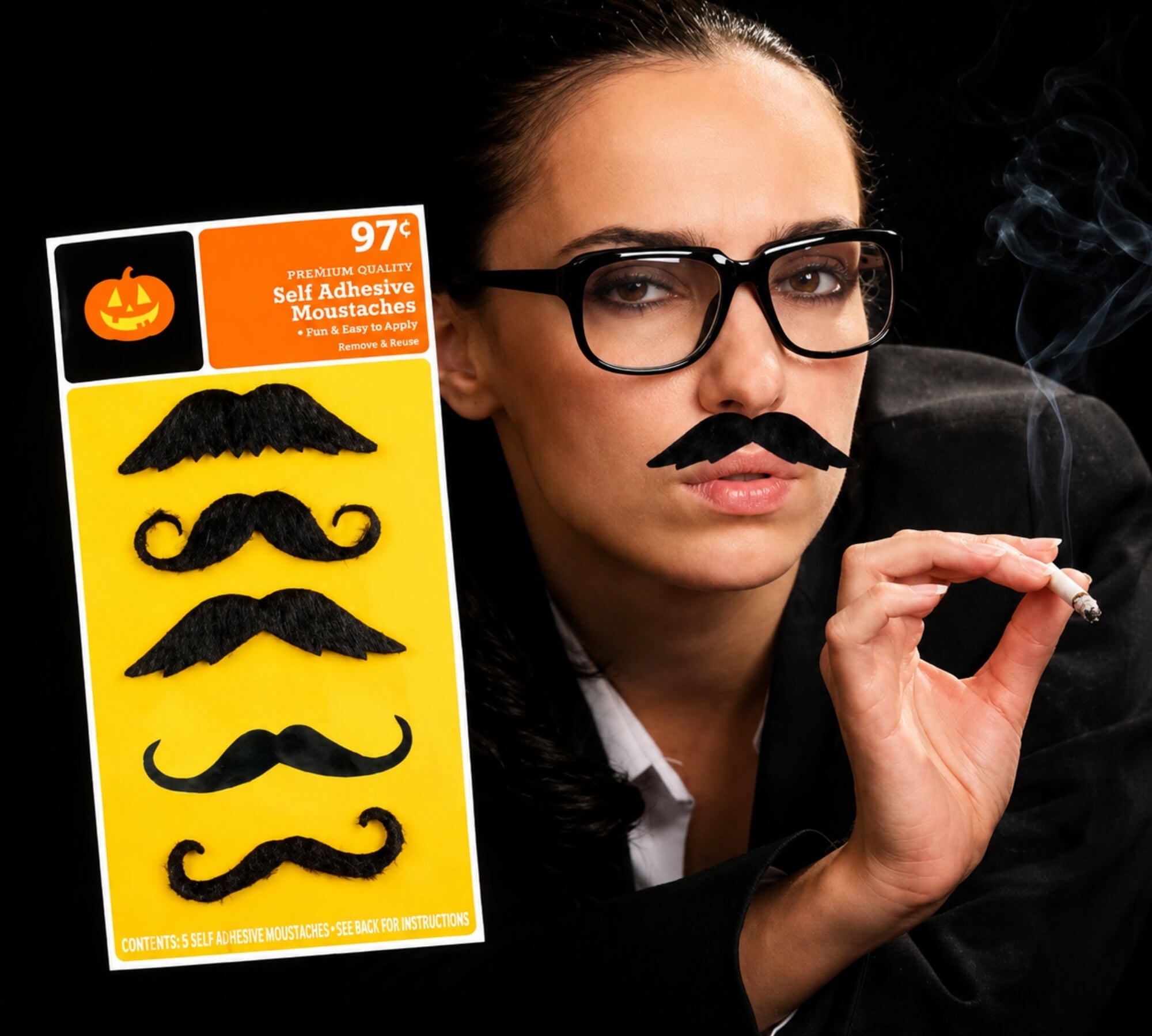 Novelty moustache Halloween costume accessory, modelled