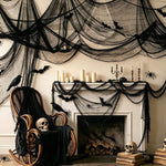 Creepy stretch cloth Halloween decoration, on a fireplace