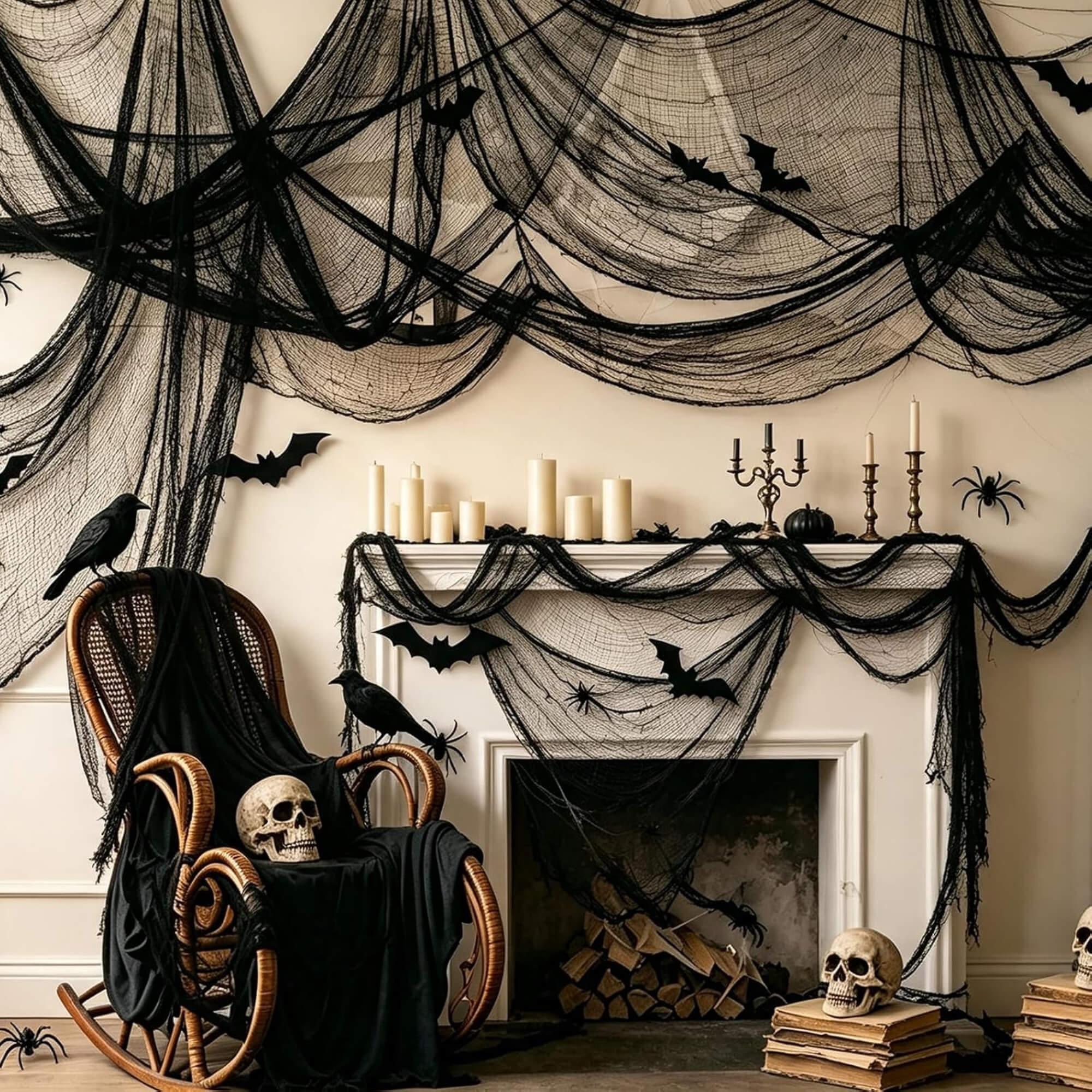 Creepy stretch cloth Halloween decoration, on a fireplace