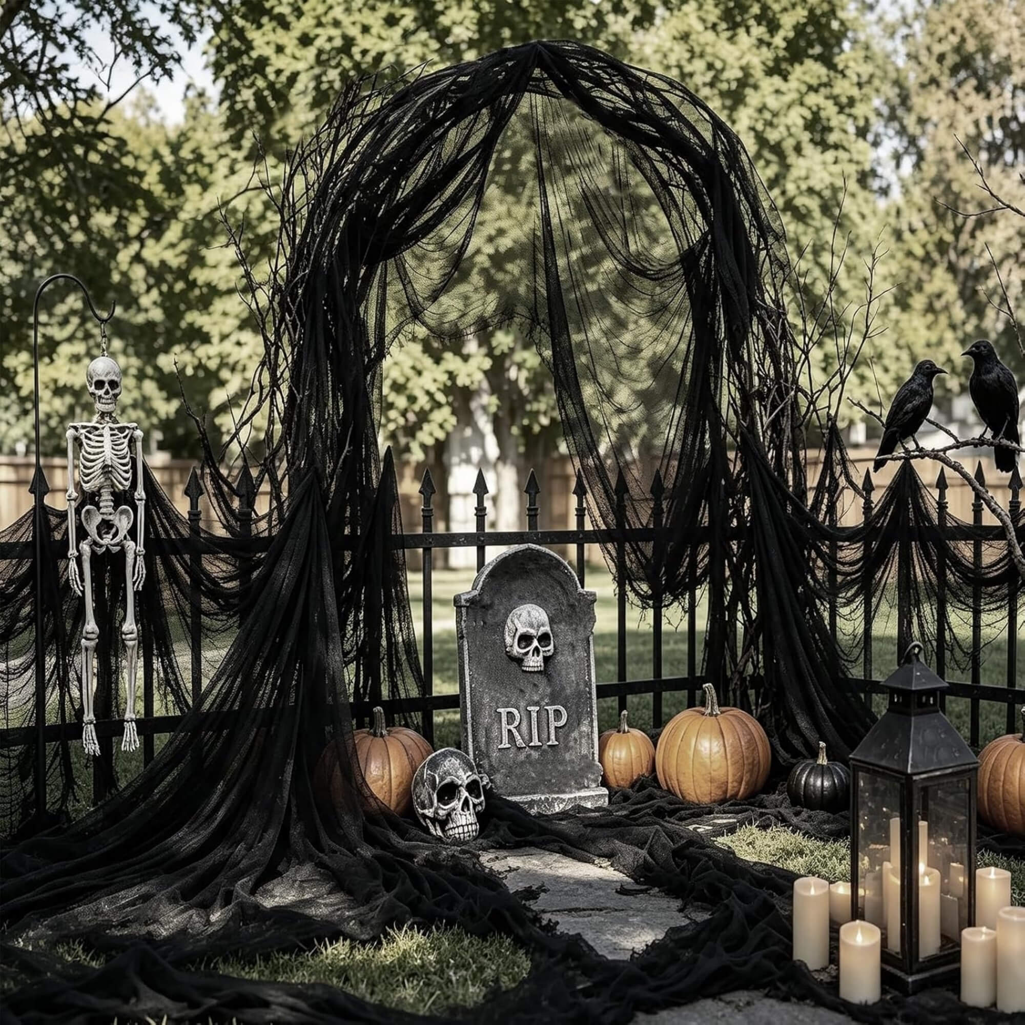 Creepy stretch cloth Halloween decoration, graveyard scene