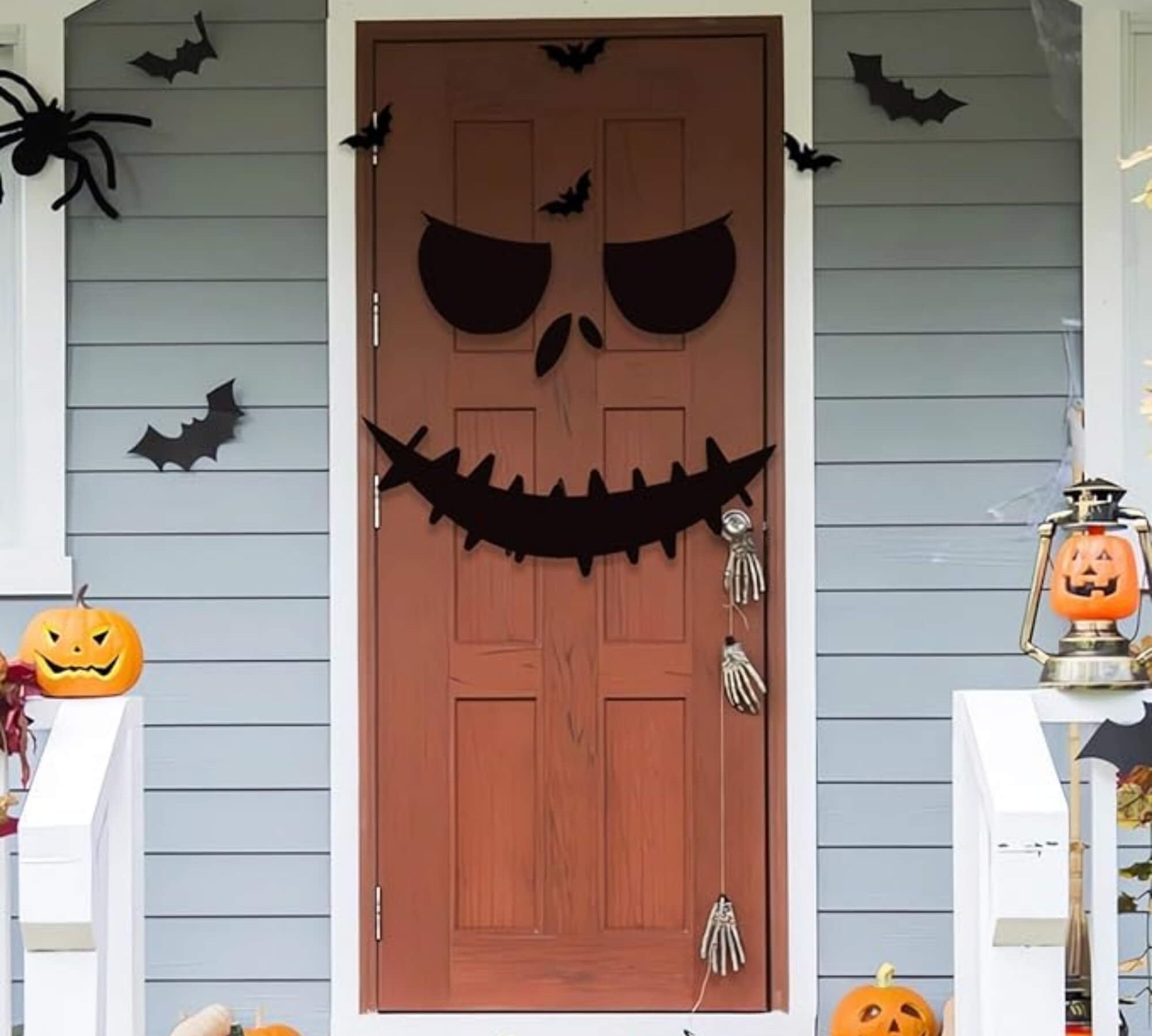 Scary face Halloween front door decoration, outdoor display