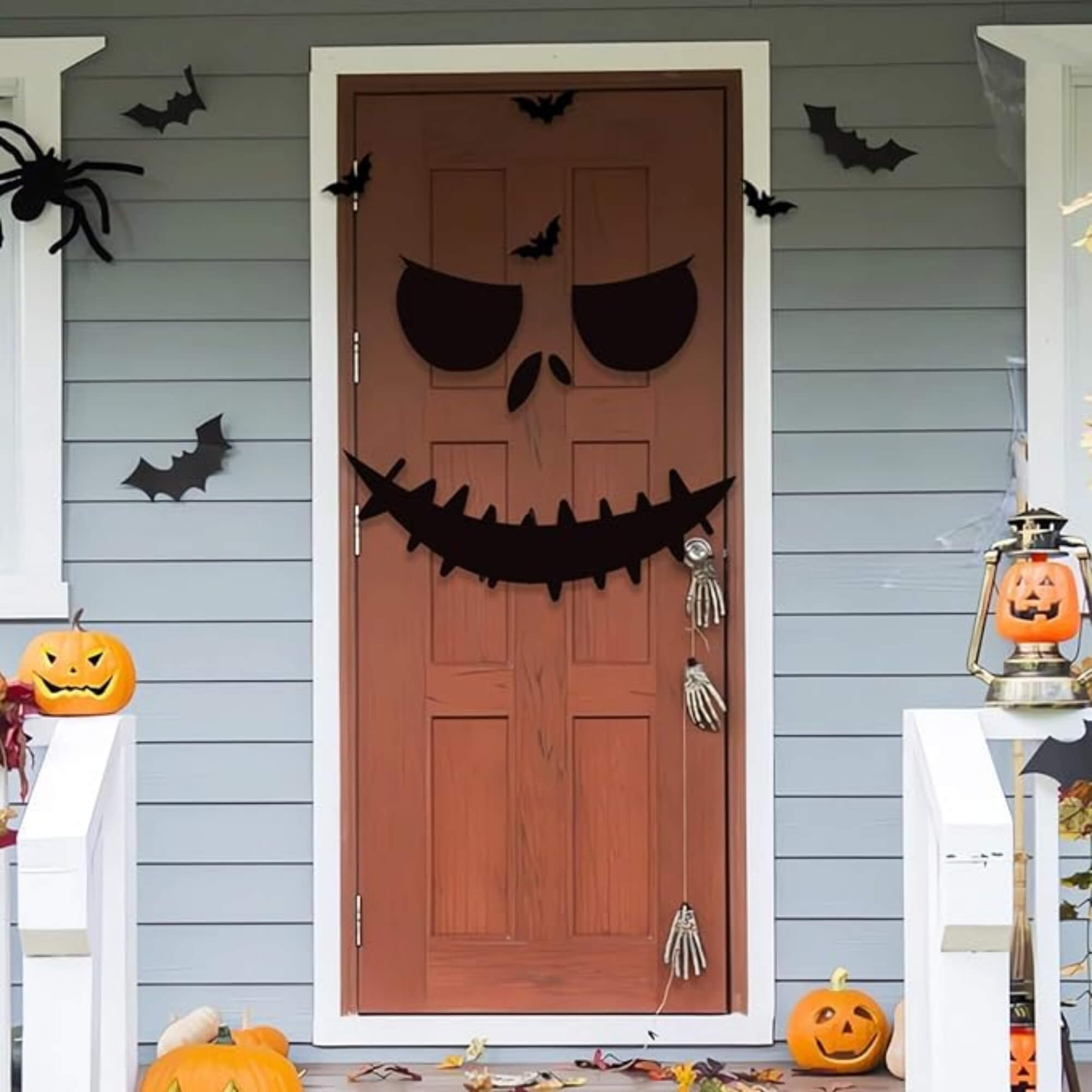 Scary face Halloween front door decoration, outdoor display