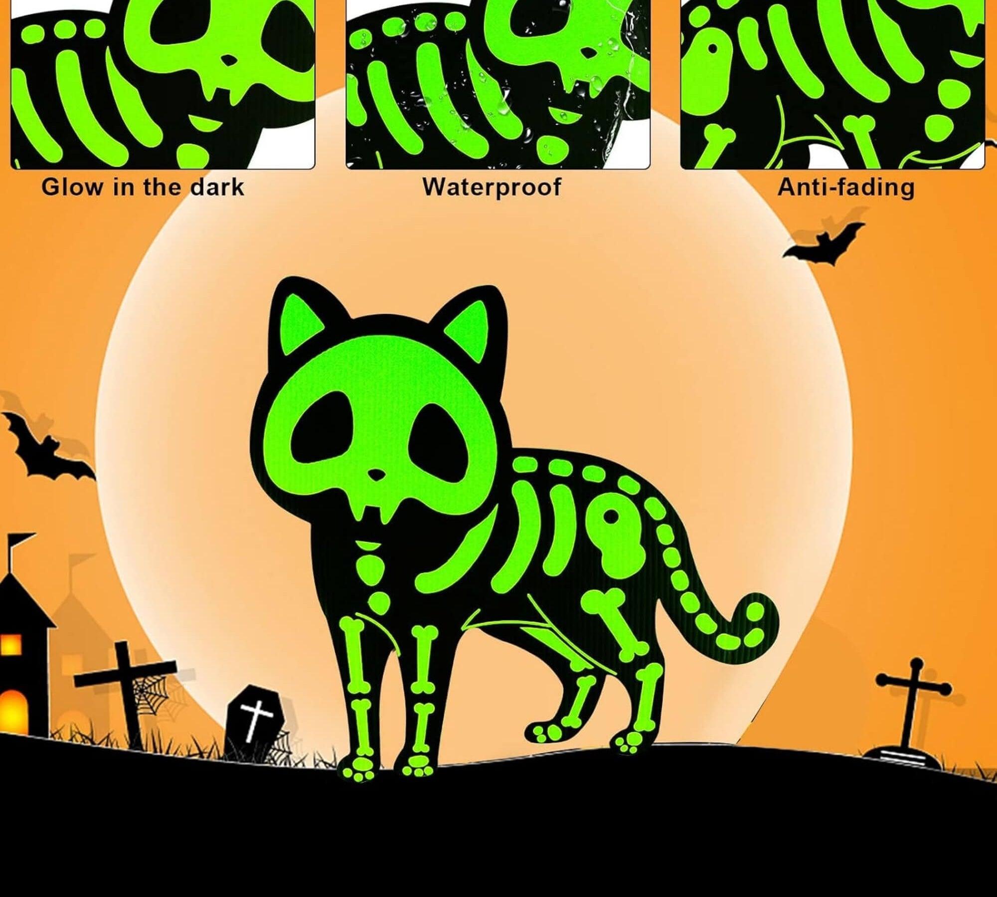Glow-in-the-dark black cat Halloween garden stake decoration, product features