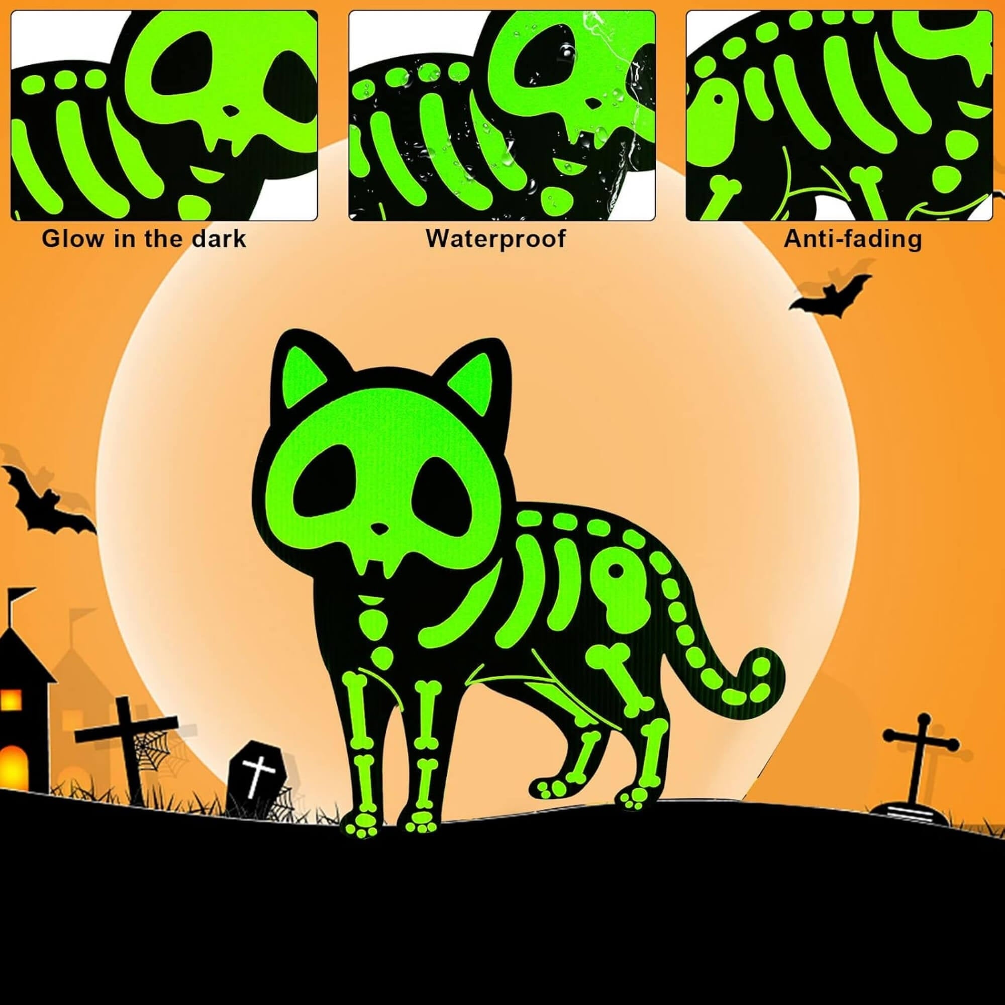 Glow-in-the-dark black cat Halloween garden stake decoration, product features