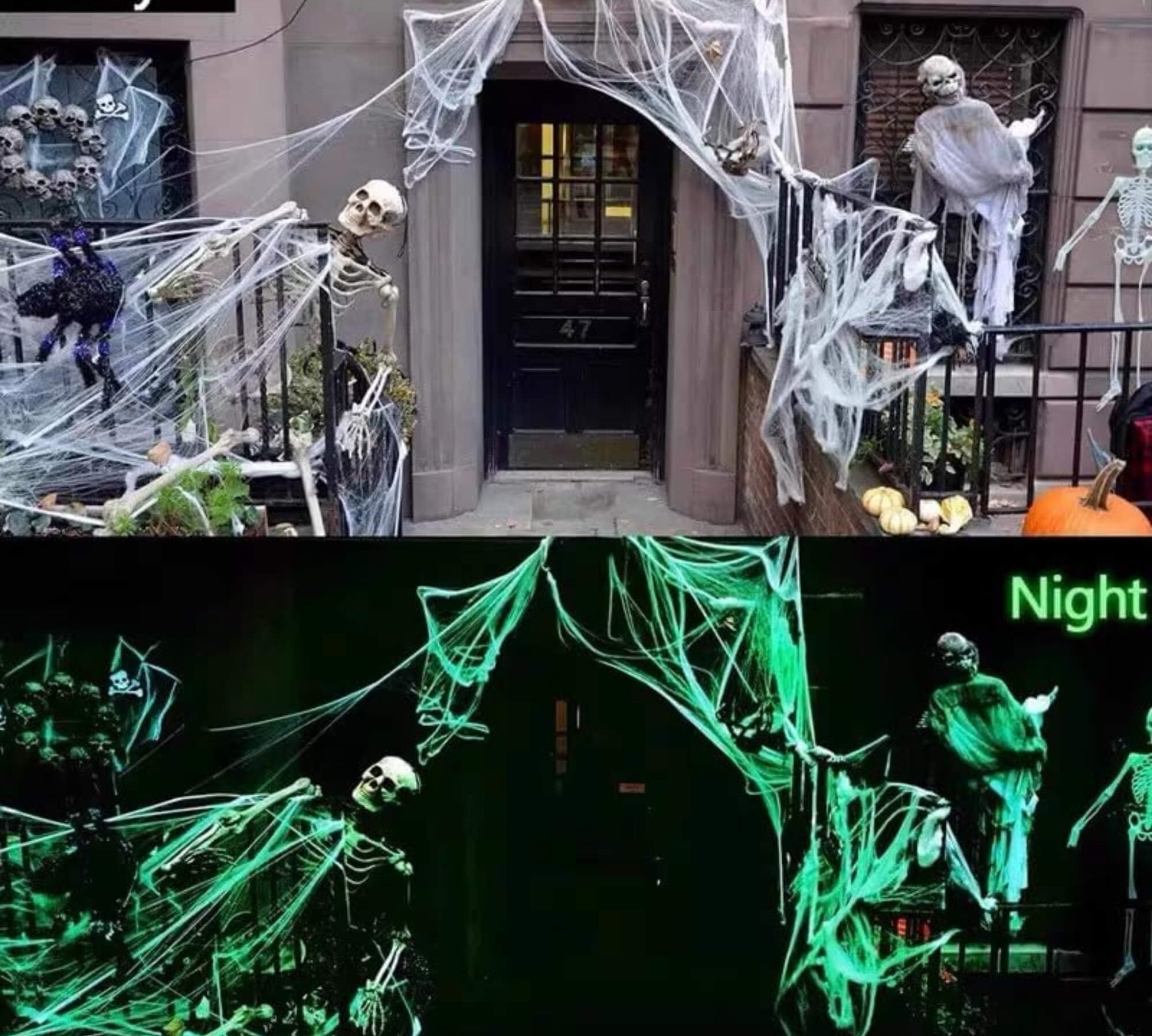 Glow-in-the-dark Halloween spider web cobweb decoration, daytime shot, lit at night