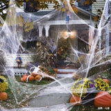 Glow-in-the-dark Halloween spider web cobweb decoration, on a house