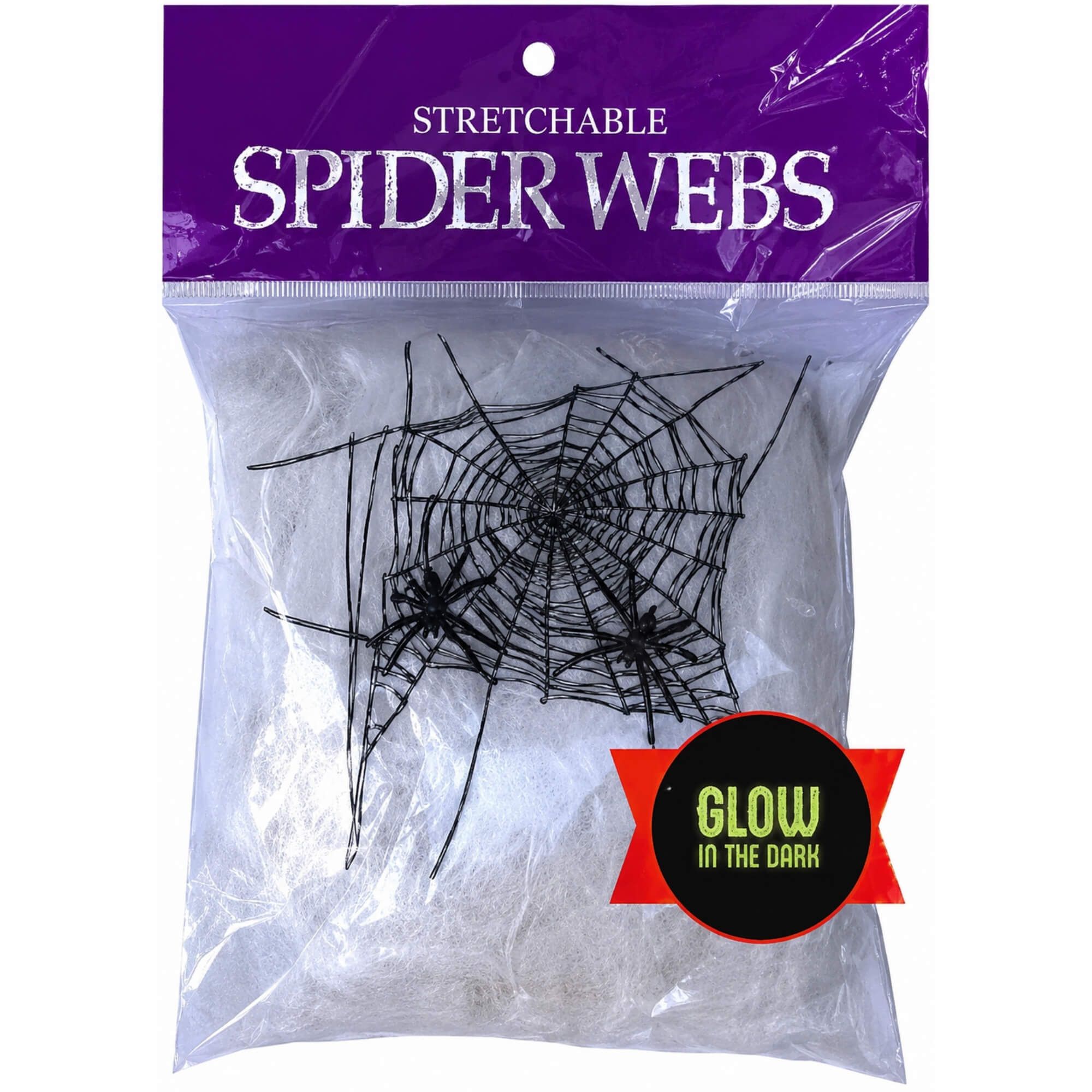 Glow-in-the-dark Halloween spider web cobweb decoration, packaging
