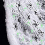Glow-in-the-dark Halloween spider web cobweb decoration, with spiders