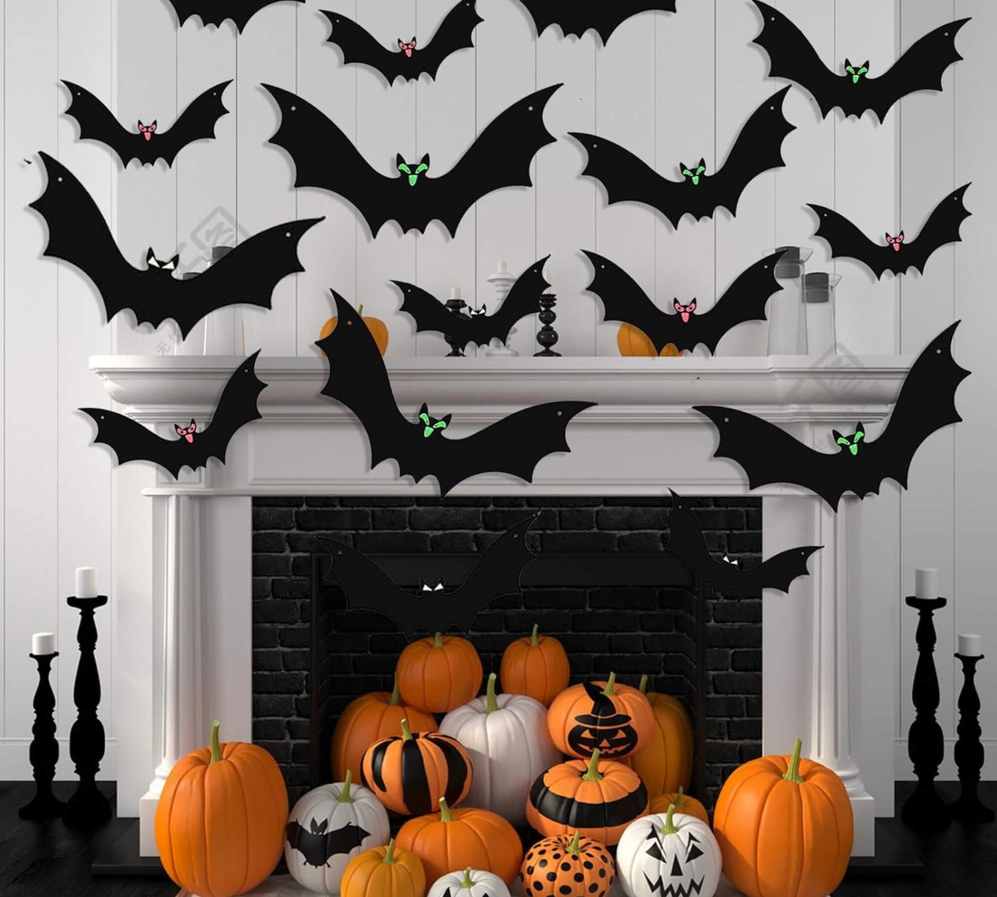 Hanging bat Halloween decoration, on a fireplace