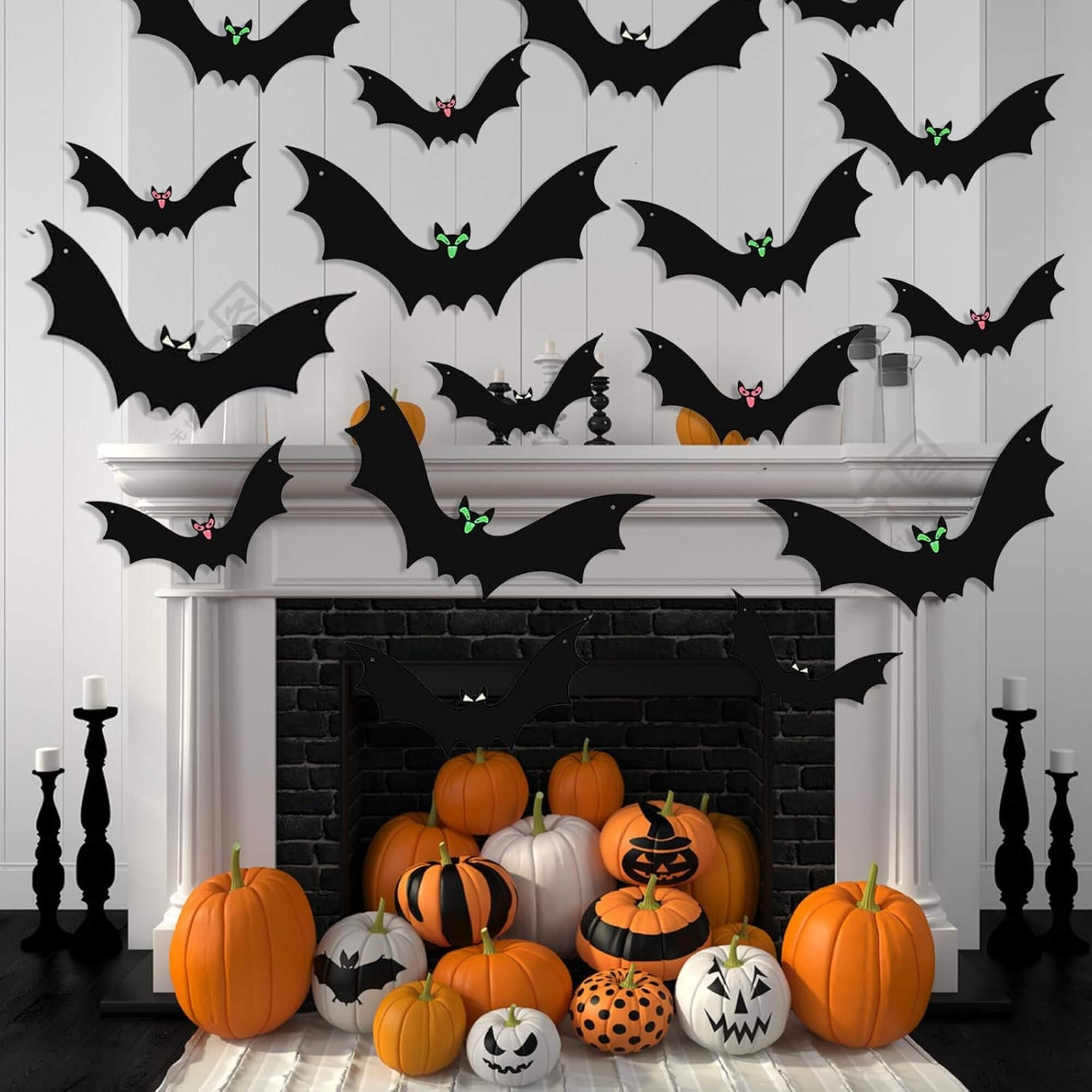 Hanging bat Halloween decoration, on a fireplace