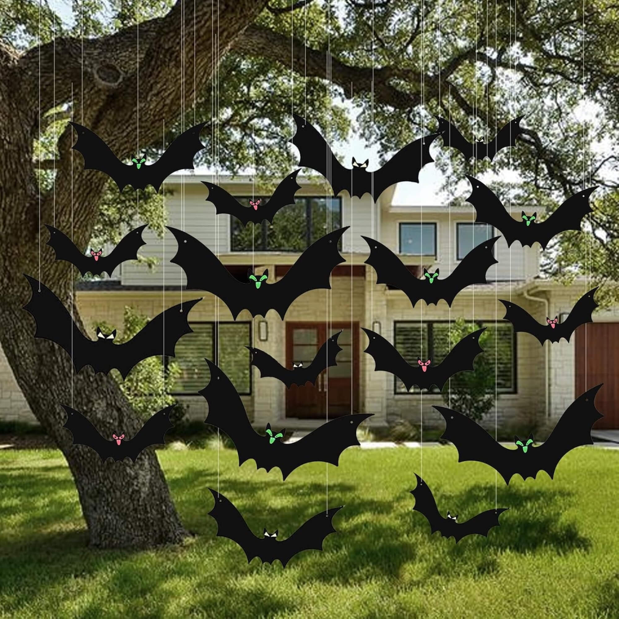 Hanging bat Halloween decoration, hung on a tree