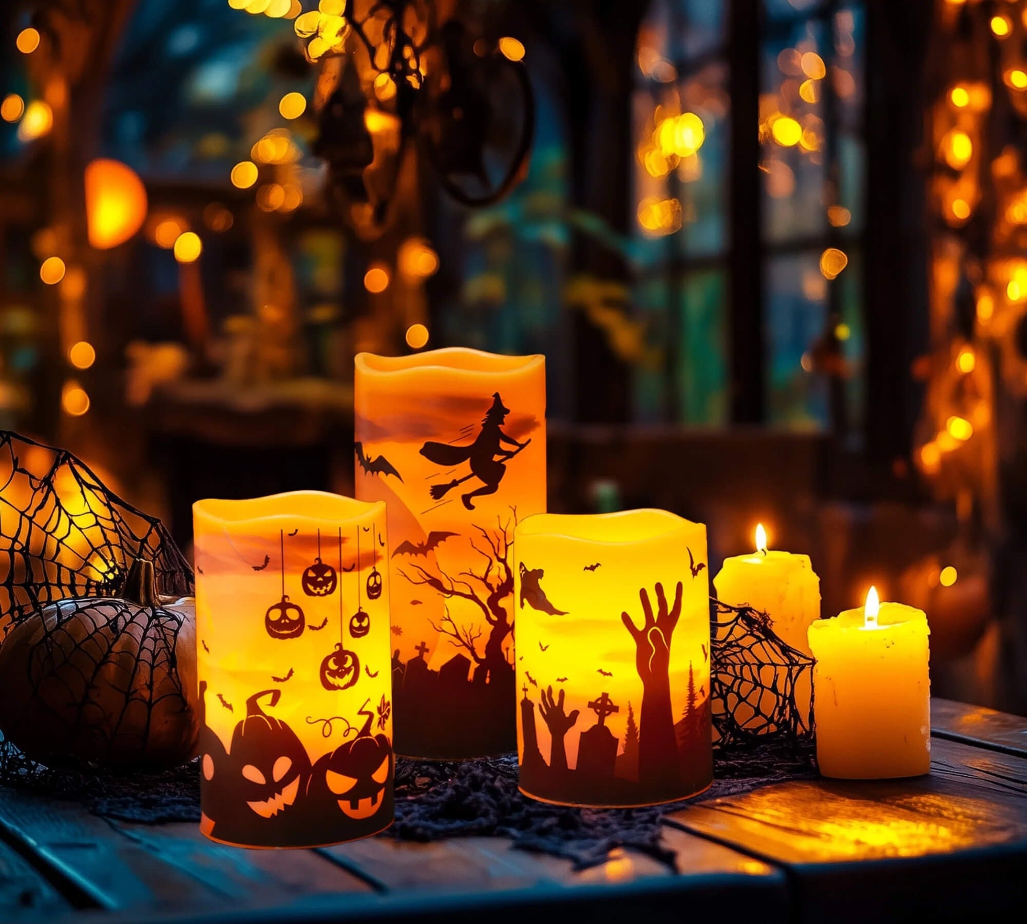 LED flameless candles Halloween decoration, pack of 3, styled scene