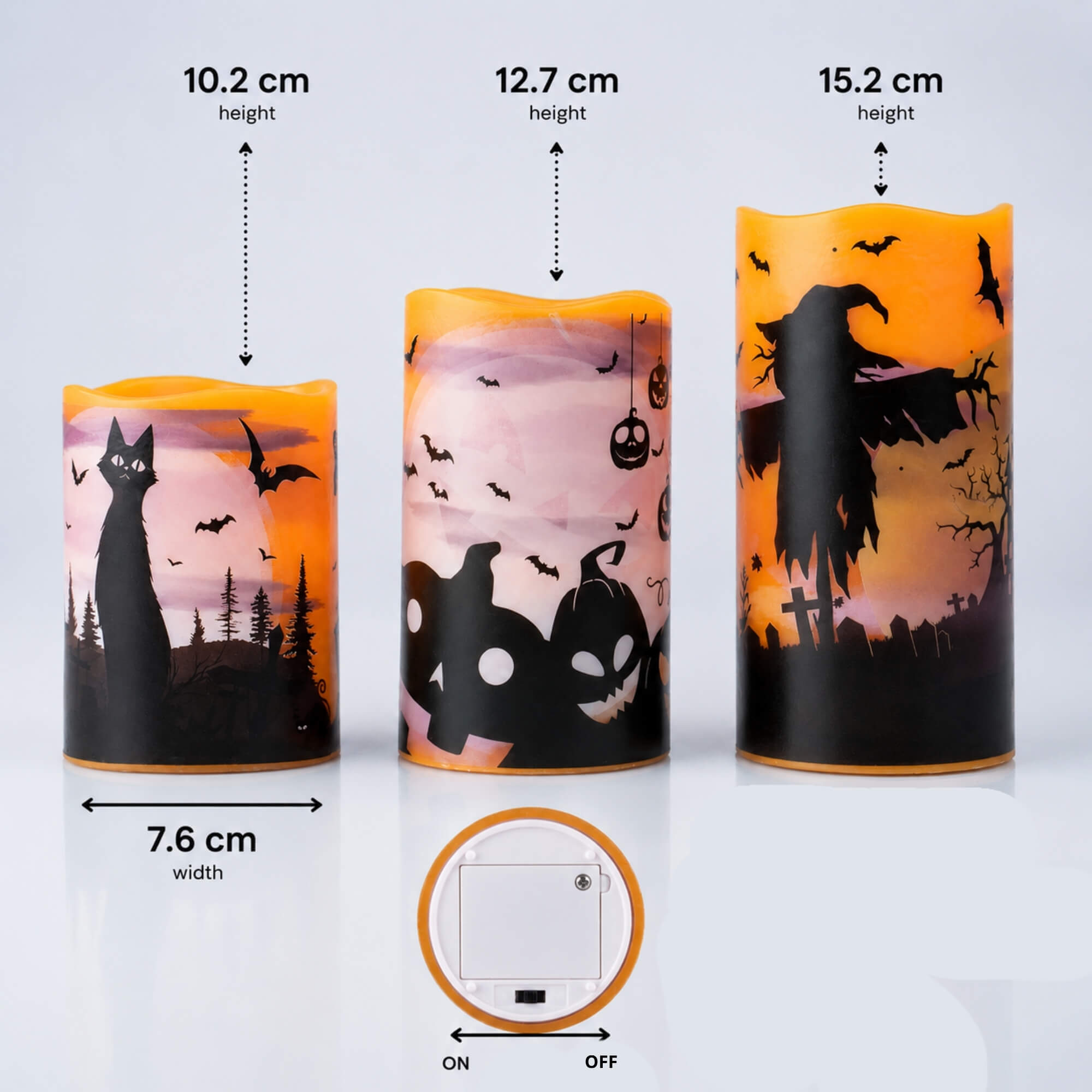 LED flameless candles Halloween decoration, pack of 3, size guide