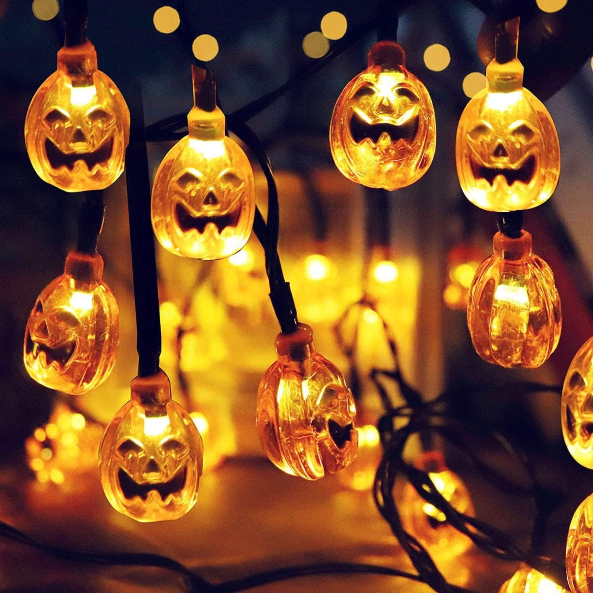 Pumpkin LED fairy lights Halloween decoration, close-up view