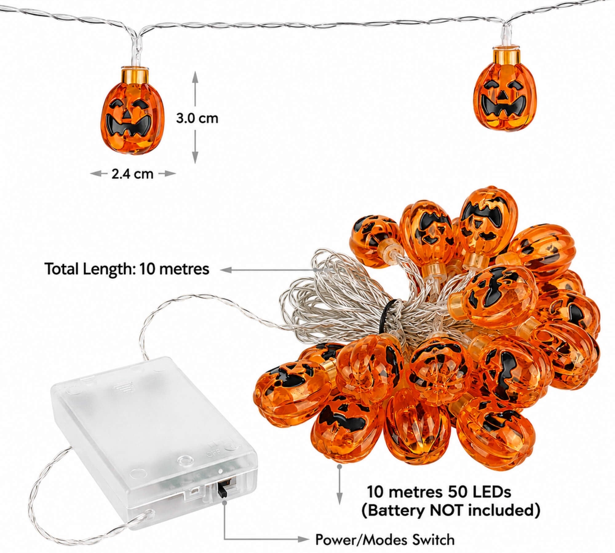 Pumpkin LED fairy lights Halloween decoration, size guide