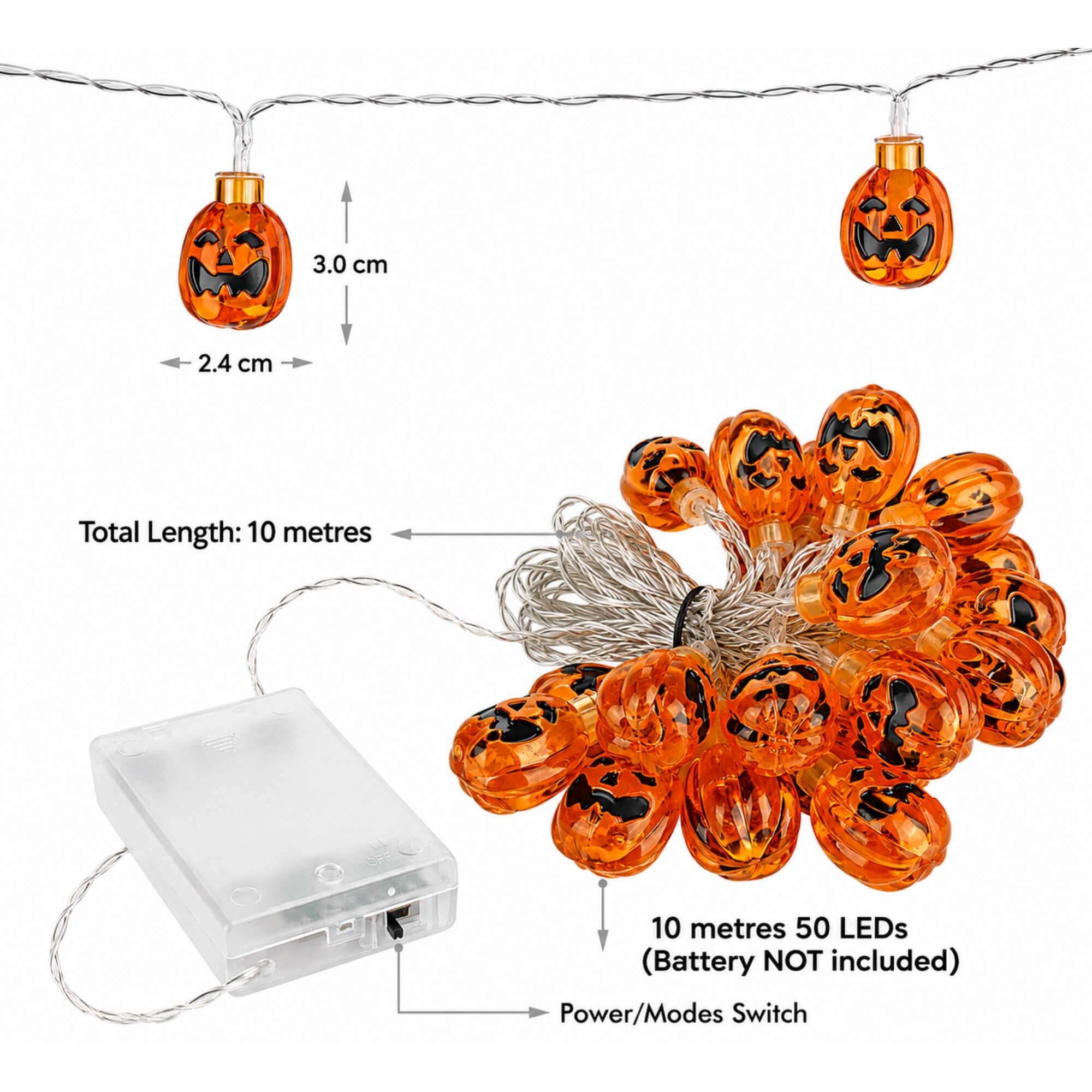 Pumpkin LED fairy lights Halloween decoration, size guide