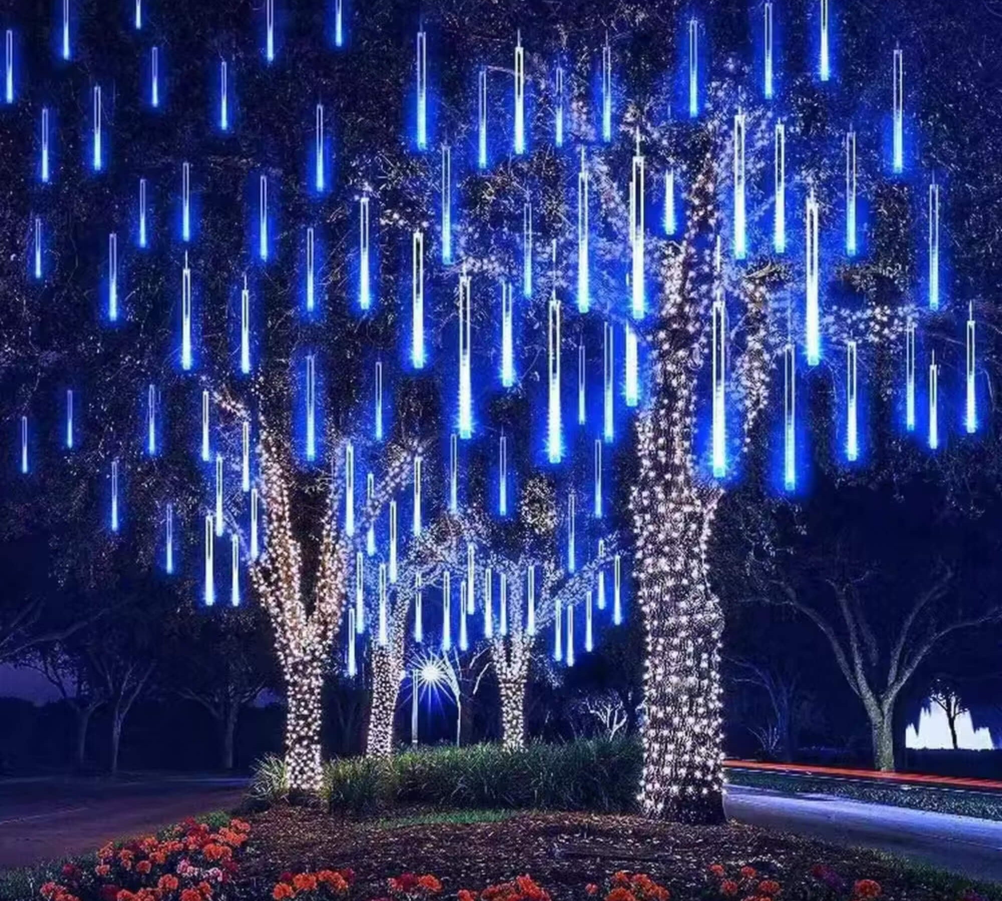 Meteor shower falling rain LED lights Halloween decoration, hung on a tree