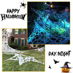 Outdoor stretch spider web Halloween decoration, daytime shot, lit at night