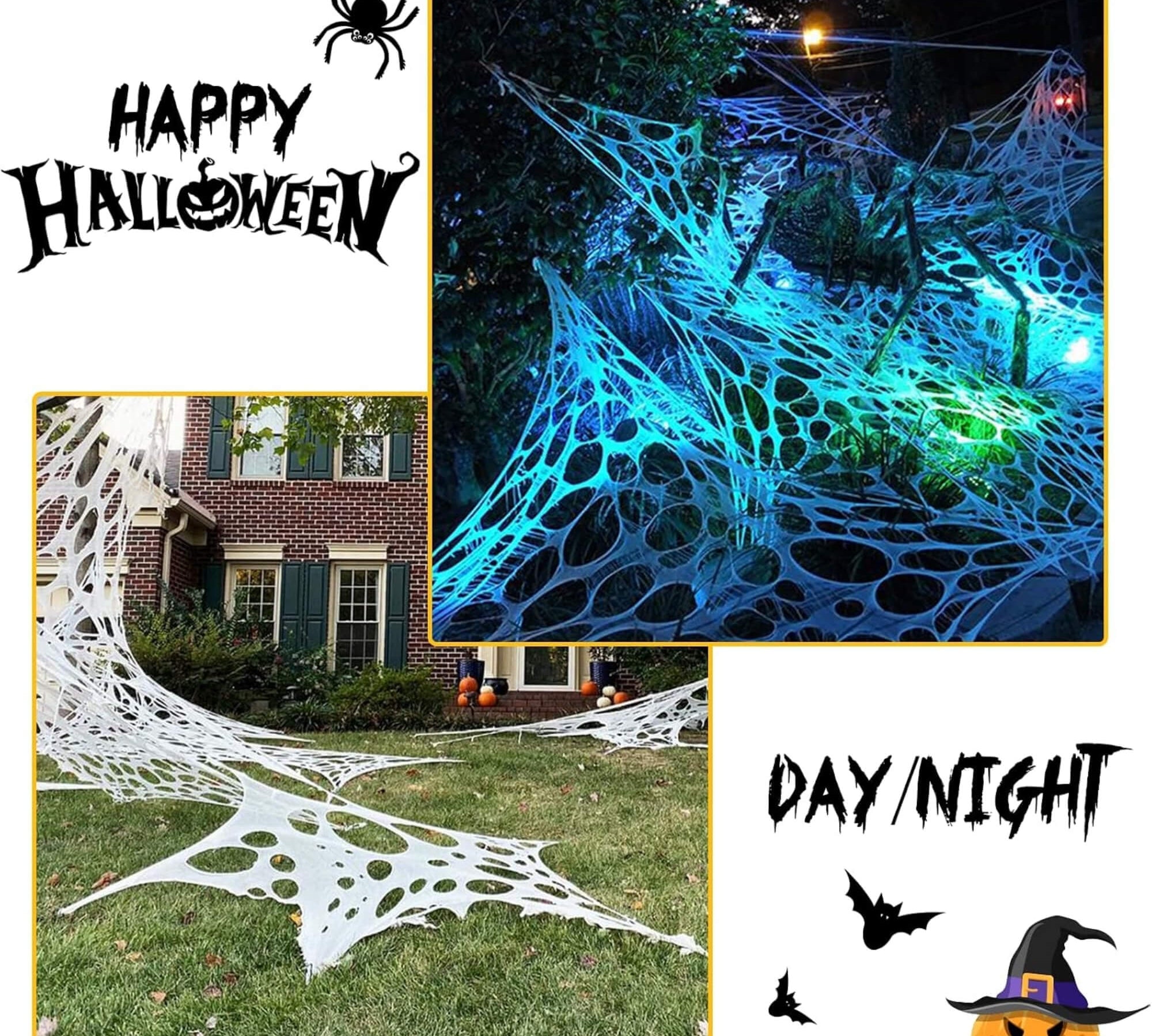 Outdoor stretch spider web Halloween decoration, daytime shot, lit at night
