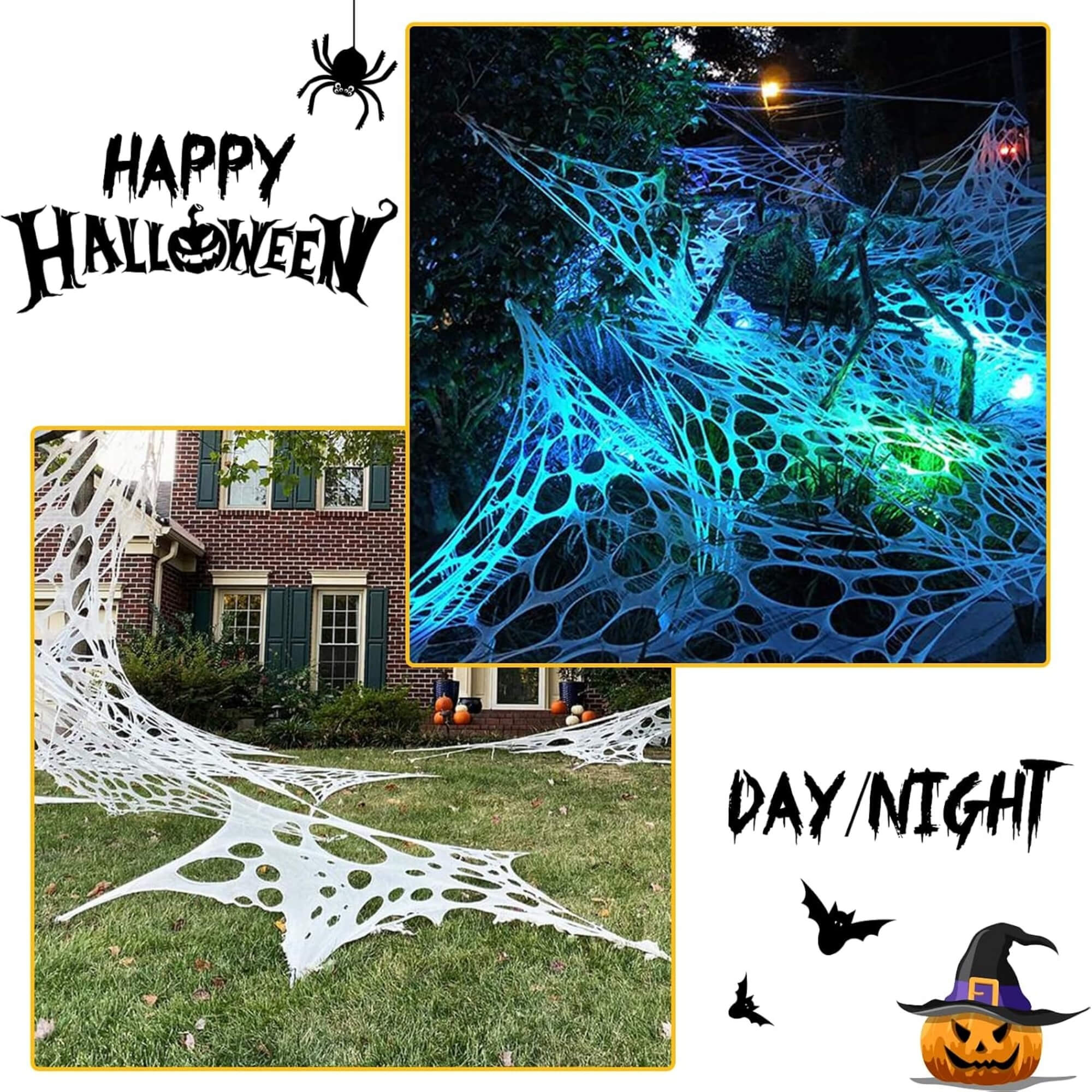 Outdoor stretch spider web Halloween decoration, daytime shot, lit at night