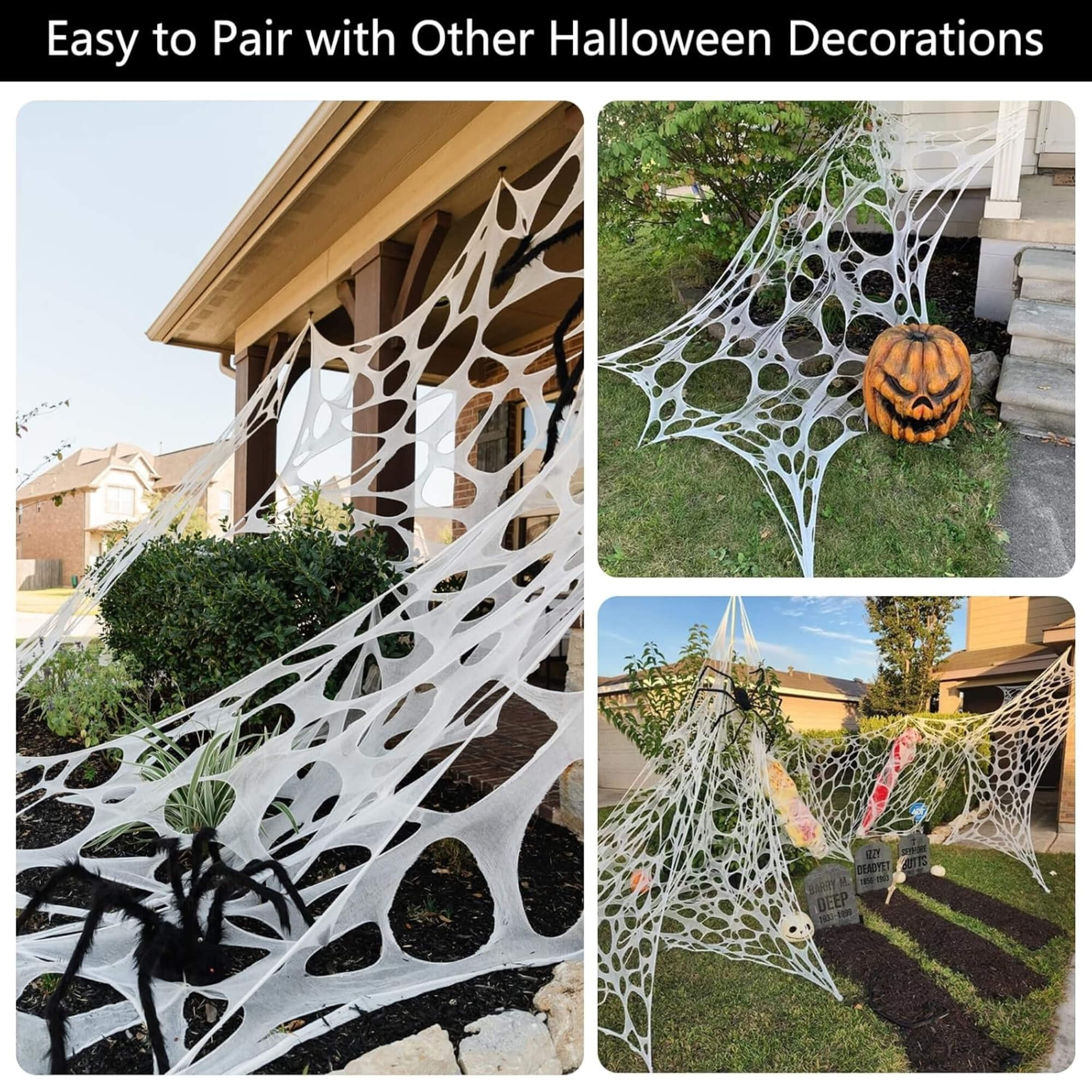 Outdoor stretch spider web Halloween decoration, sold in a pair