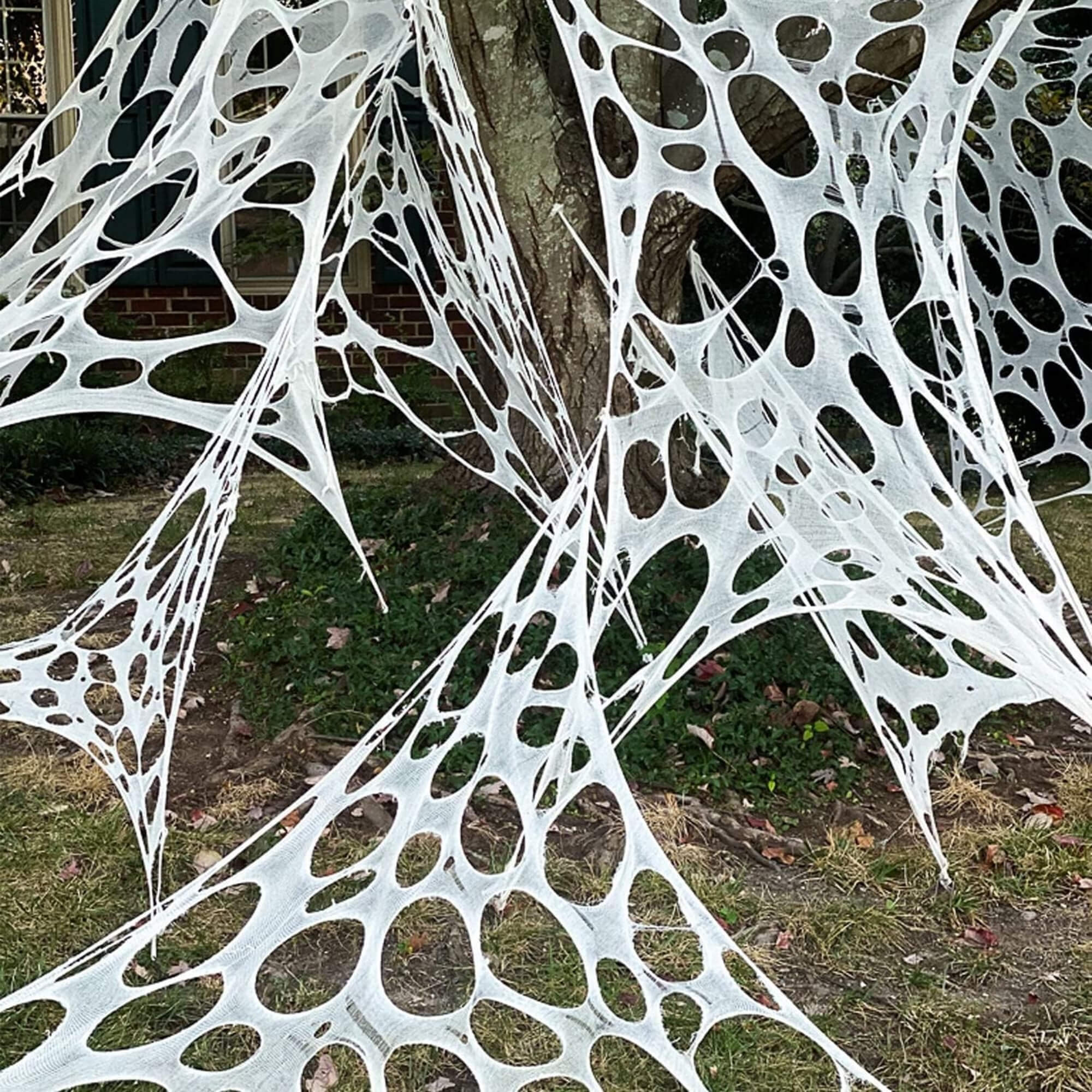 Outdoor stretch spider web Halloween decoration, hung on a tree