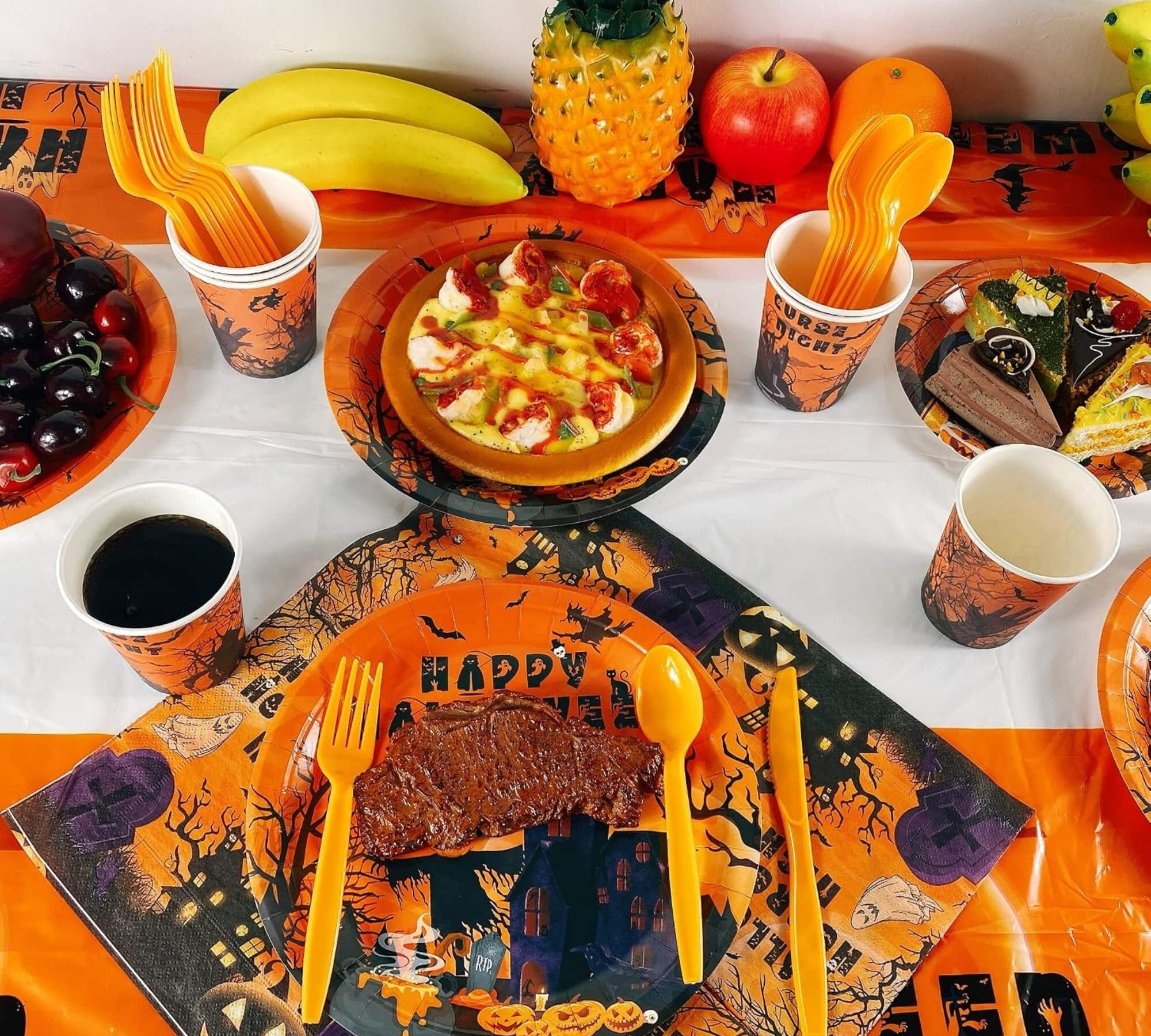 Halloween paper party plates, styled scene