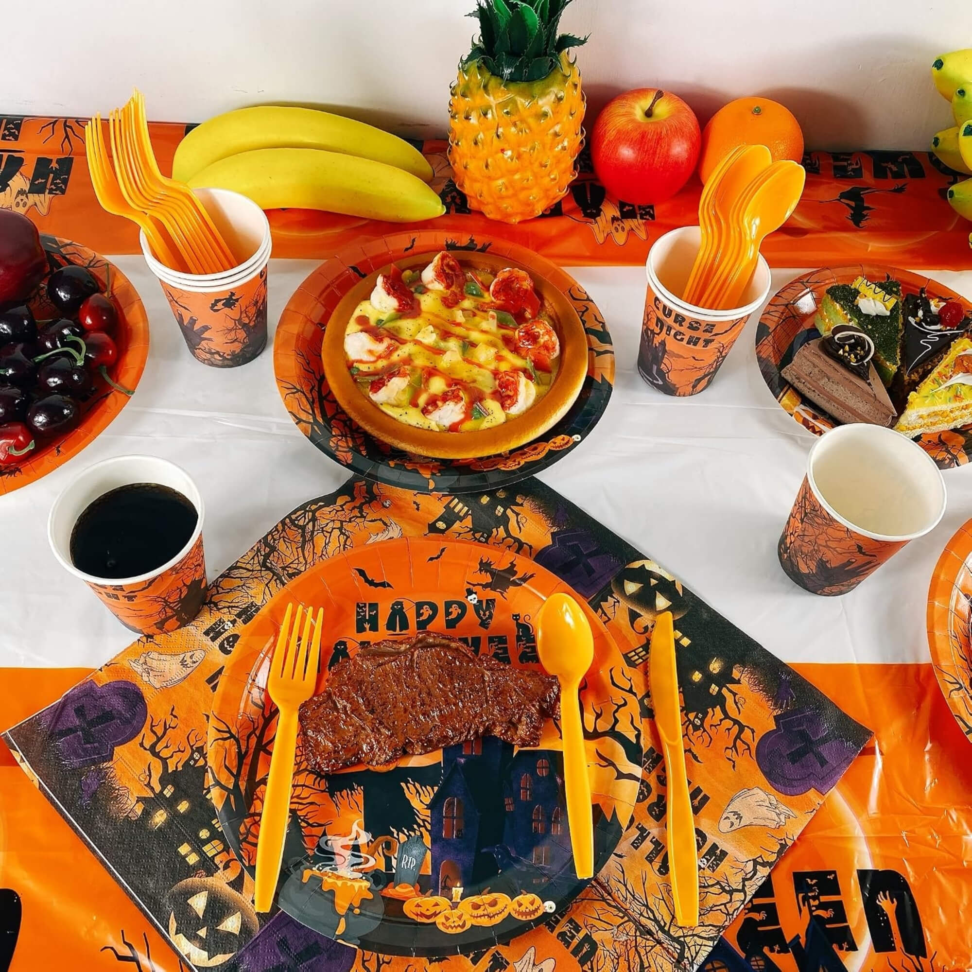Halloween paper party plates, styled scene
