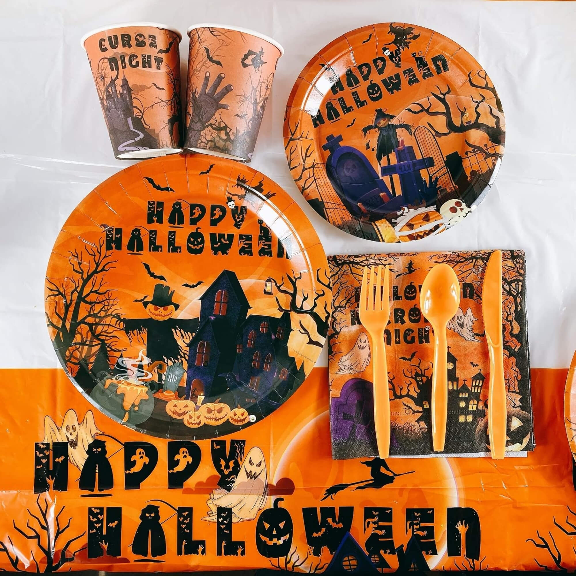 Halloween paper party plates, table setting