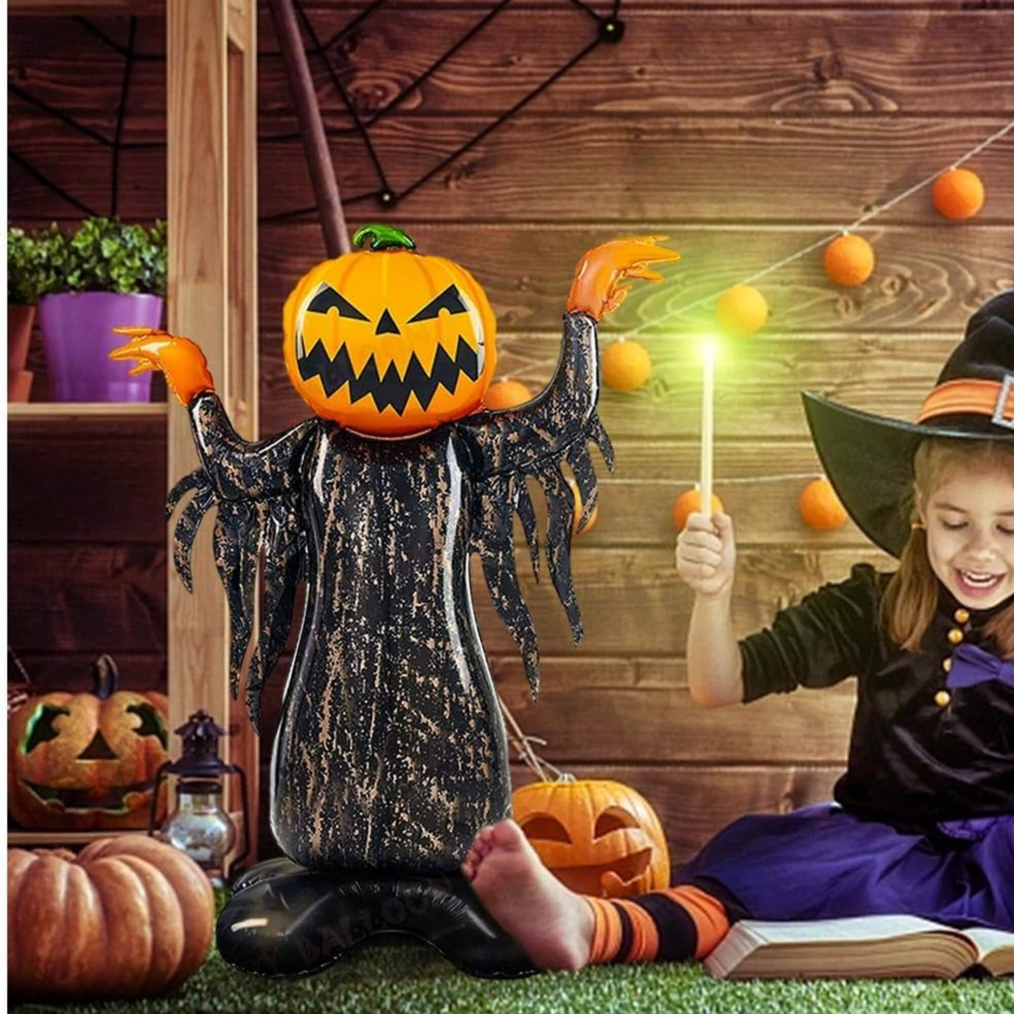 Pumpkin head Halloween balloon decoration, in a cubby setting