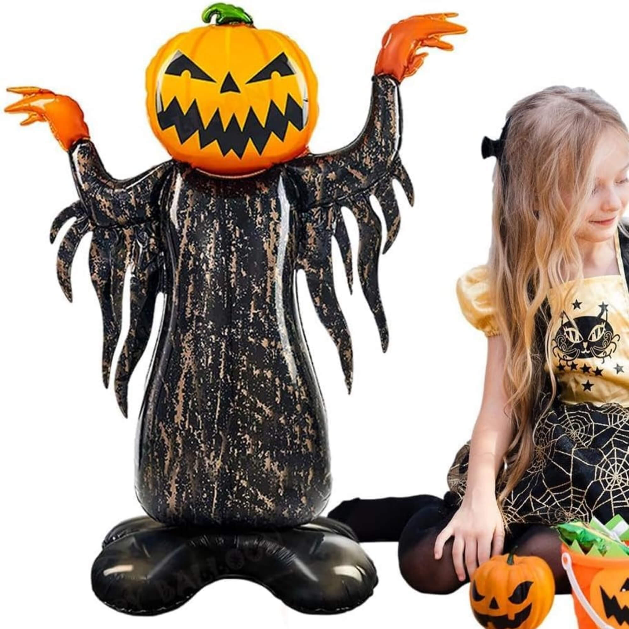 Pumpkin head Halloween balloon decoration, girl trick-or-treating