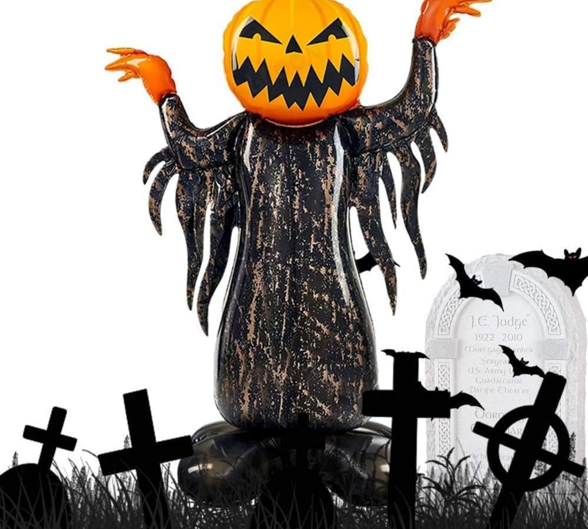Pumpkin head Halloween balloon decoration, graveyard scene