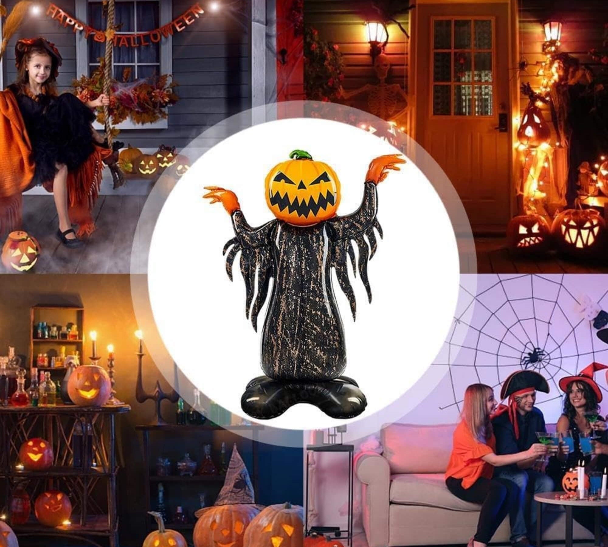 Pumpkin head Halloween balloon decoration, split view