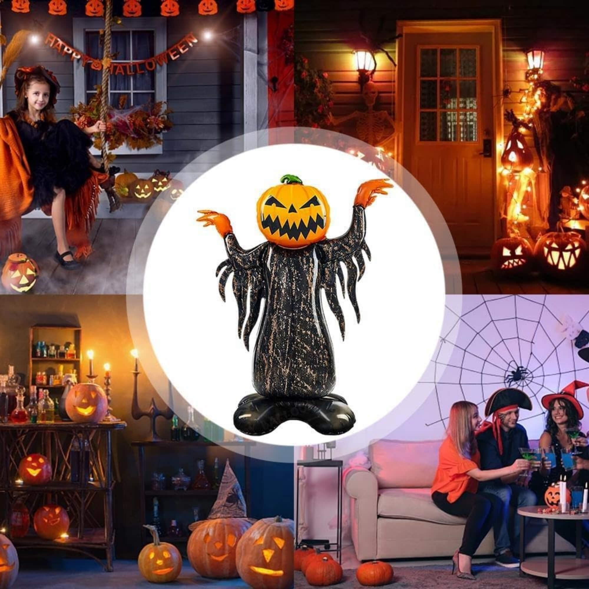 Pumpkin head Halloween balloon decoration, split view